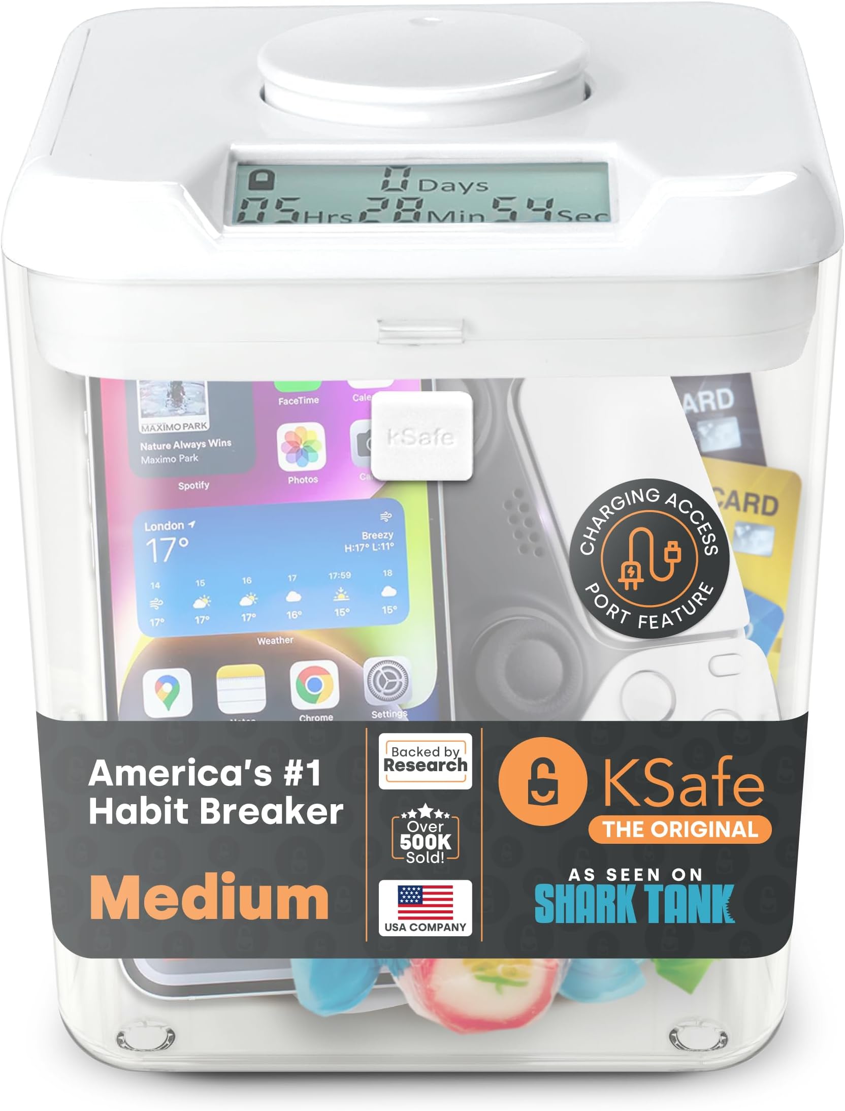 Kitchen Safe Time Locking Container (Medium), Timed Lock Box for Cell Phones, Snacks, and other unwanted temptations (White Lid + 14cm Clear Base with Access Port)