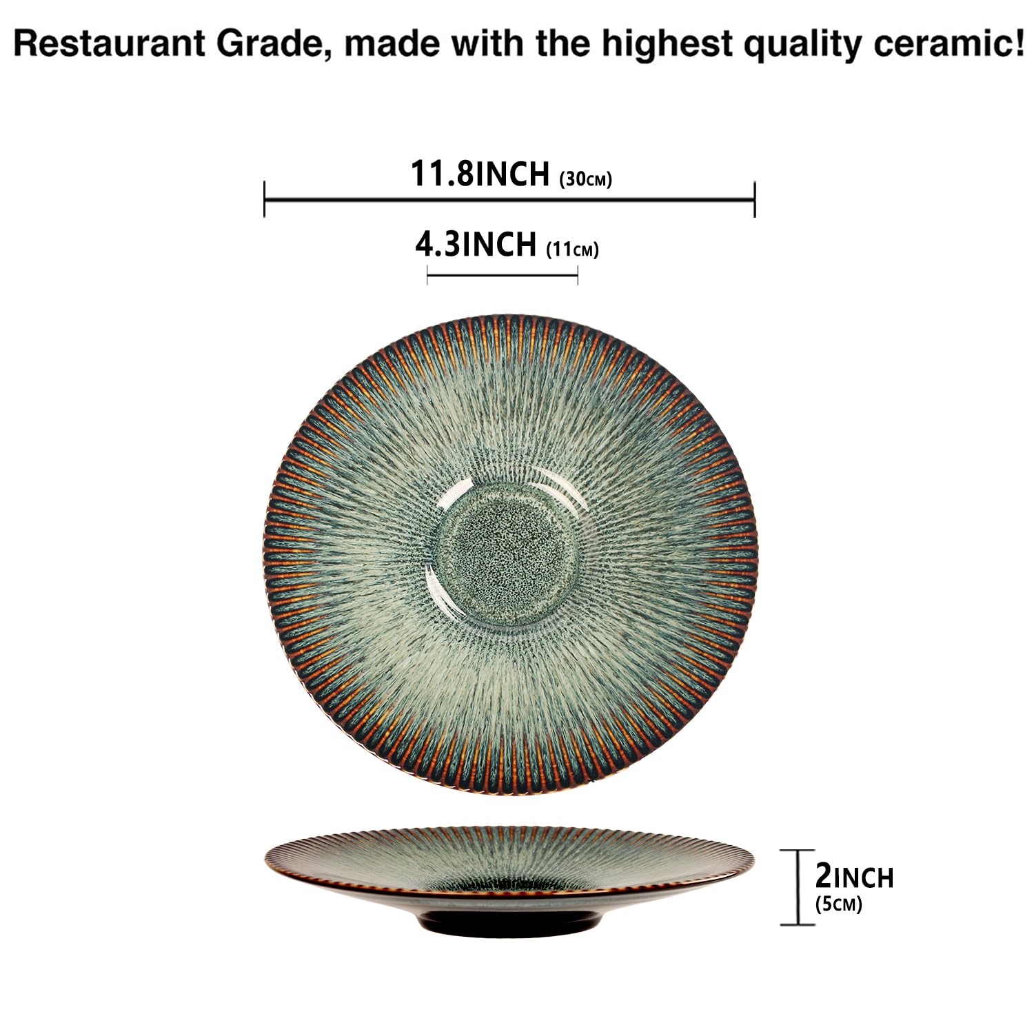 Juego de 4 platos llanos de cerámica, plato grande de 11.8 pulgadas para cocina, platos con borde para pasta, ensalada, filetes, pizza, resistentes a los arañazos, aptos para microondas y