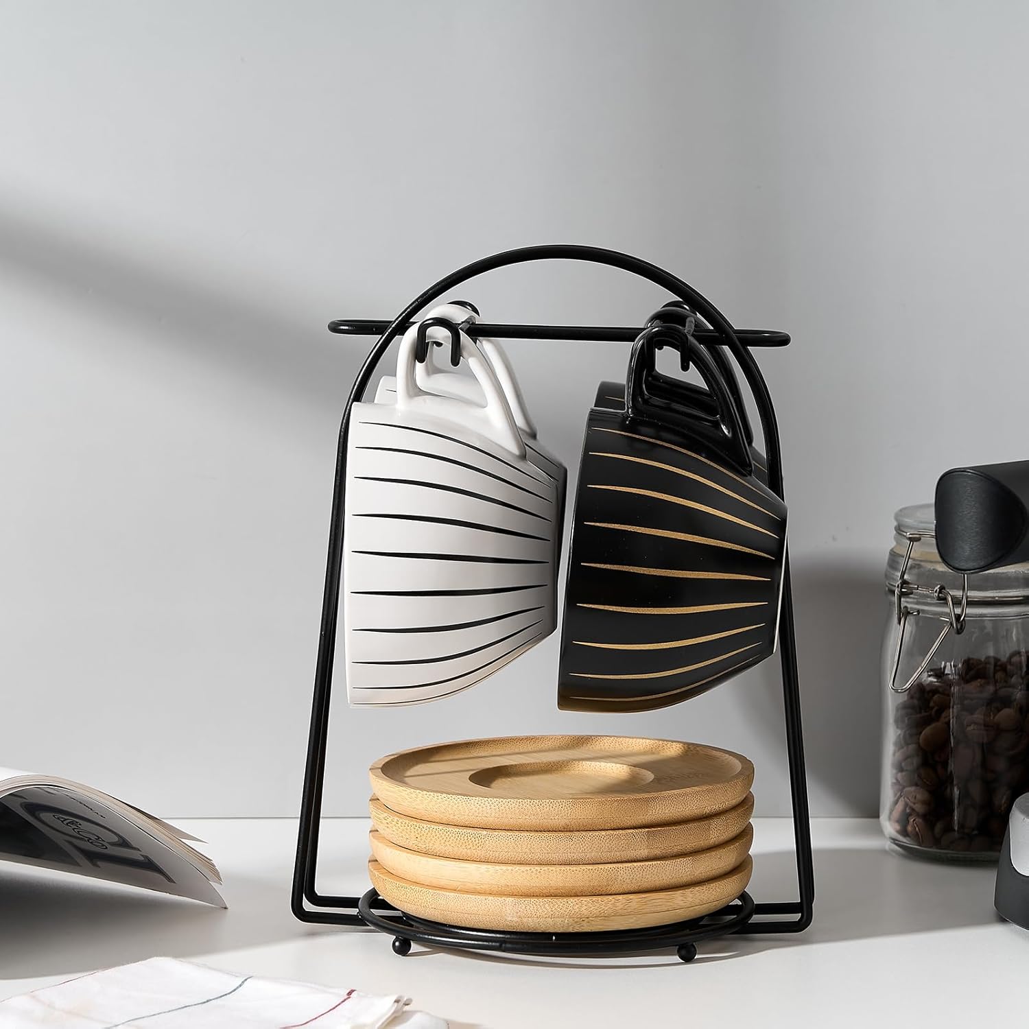 LUKA Ceramic Demitasse Espresso Cups Set with Saucers and Metal Stand, 8 oz Porcelain Cappuccino Cups Teacup For Tea, Espresso, Latte, Coffee, Cafe Mocha, Set of 4, Stripe White & Black - Image 8