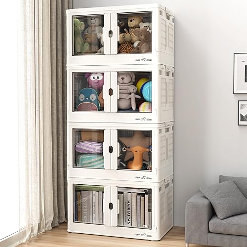 BROVIEW V7 - Paquete de 4 cubos de almacenamiento apilables, 304 cuartos de galón, organizadores de armario y almacenamiento con puertas,