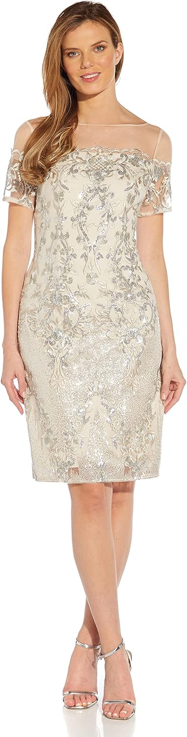 Adrianna Papell Womens Sequin Embroidery Sheath Dress