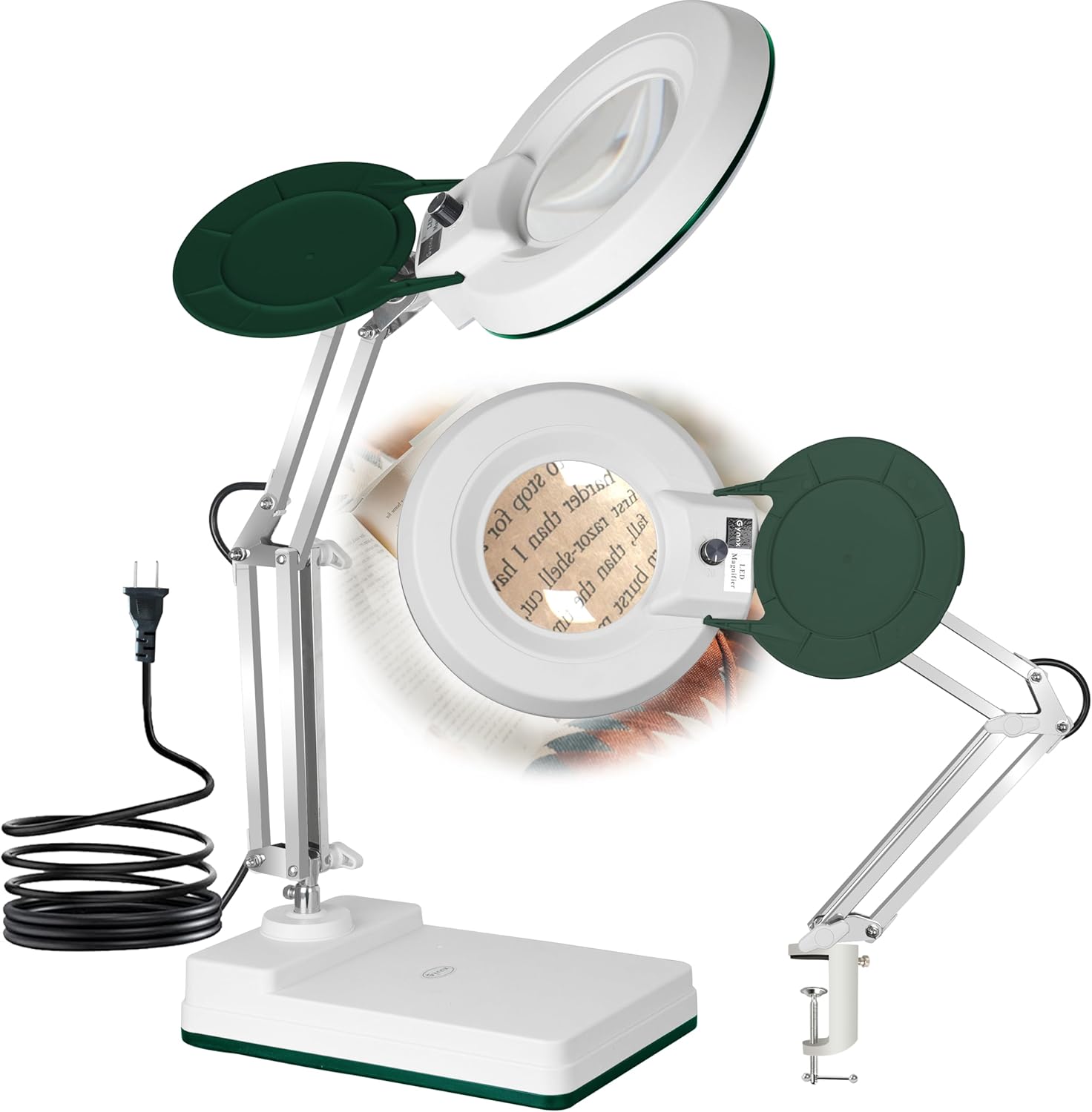 Magnifying Glass with Light and Clamp,10X Lighted Magnifying Glass Lamp LED Dimmable,5 Inches Lens with Stainless Steel Arm for Reading,Craft,Painting and Close Work(Green Cover)