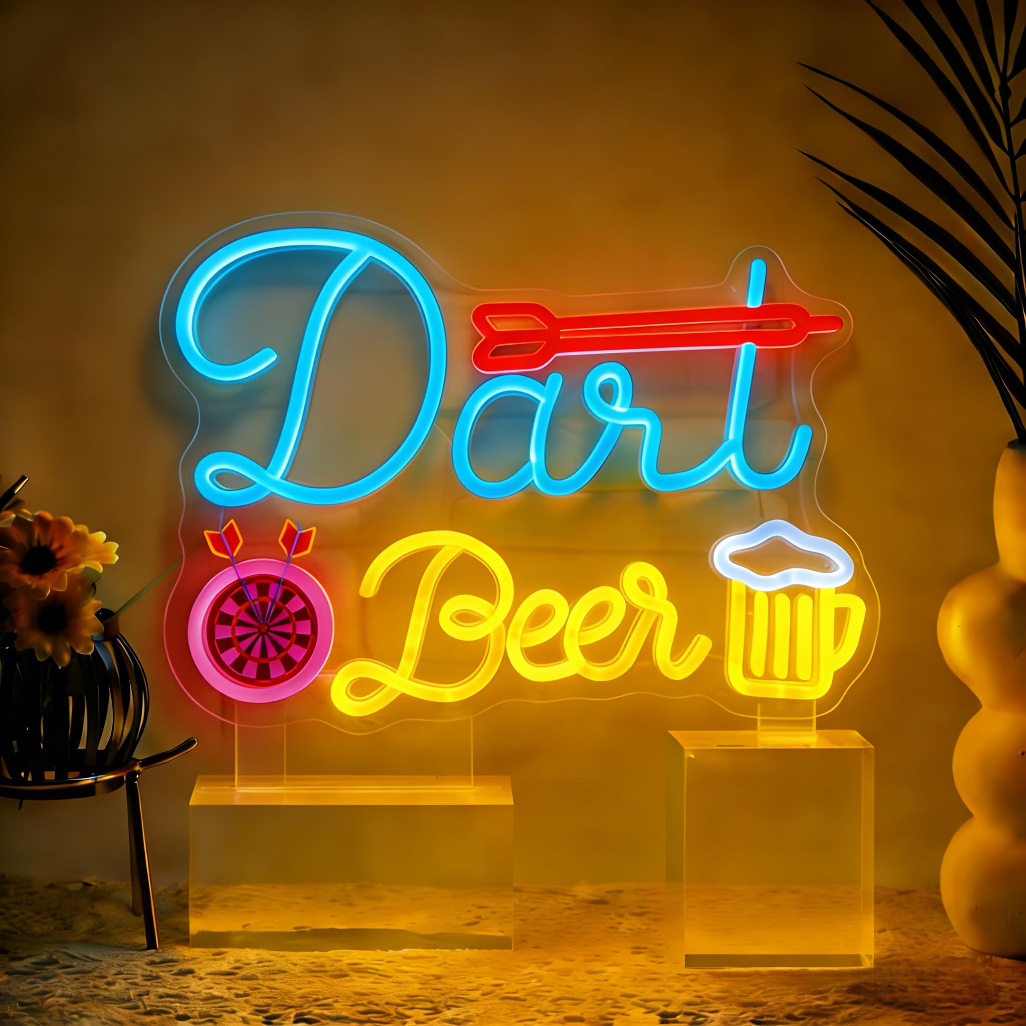 Panneau lumineux néon sur la bière – Cible de fléchettes néon LED et bière, décoration murale pour bar, salle de fête, cave, pub, salle de jeux, cadeau pour les fans de fléchettes et de bière
