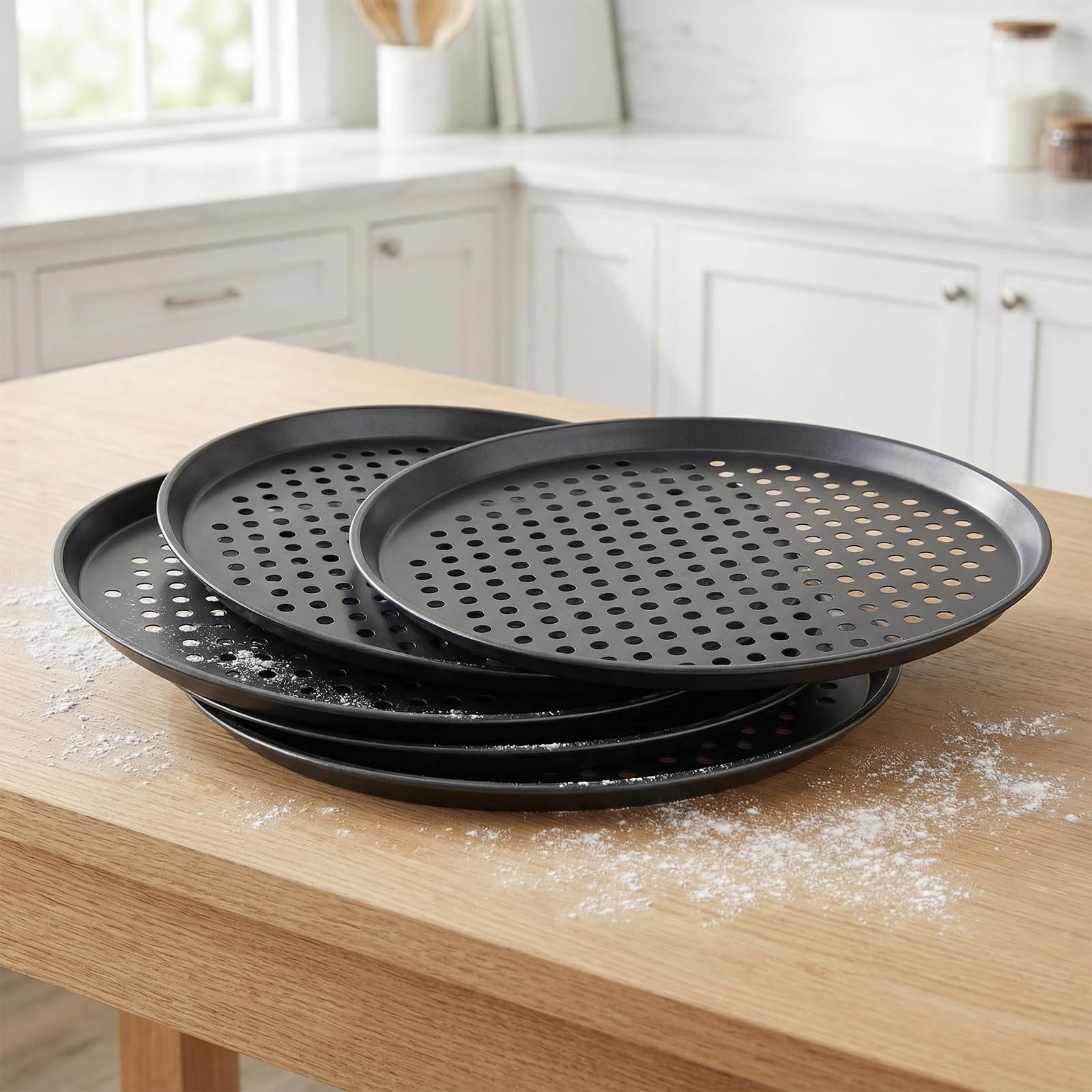 KEILEOHO Lot de 5 plaques à pizza rondes, 32 cm, en acier au carbone, avec trous, pour pizza et tartes flambées
