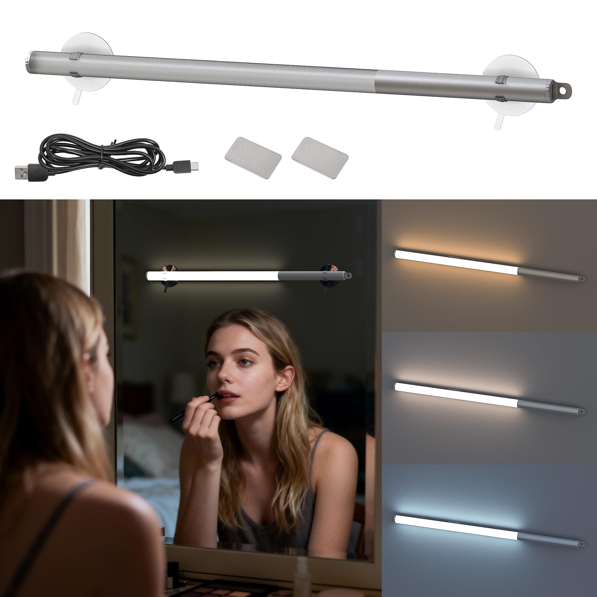 Deecam LED Dimmbare schminktisch beleuchtung,3 Modi und Stufe 10 Dimmen schminklicht für spiegel,35CM IP20 wandleuchte bad für spiegelleuchte,beleuchtung,Make-up,Reisen,Schlafzimmer(Silber,aufladbar)