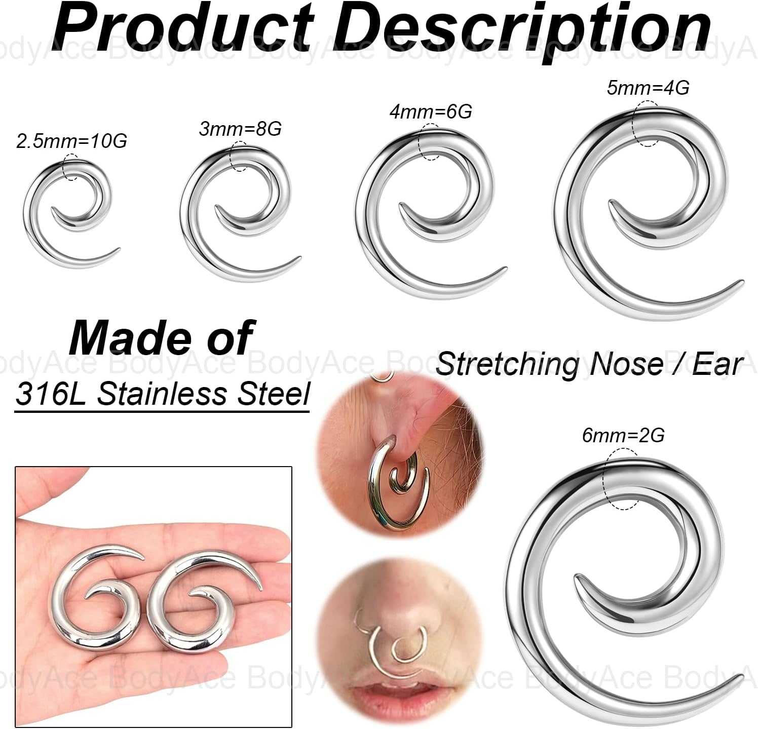 Stainless Steel Ear Weights Gauges, Spiral Earrings Expander Snail Twist Ear Plugs, Earring Stretching Tapers Ear Gauge 2/4/6/8/10g Piercings Jewelry