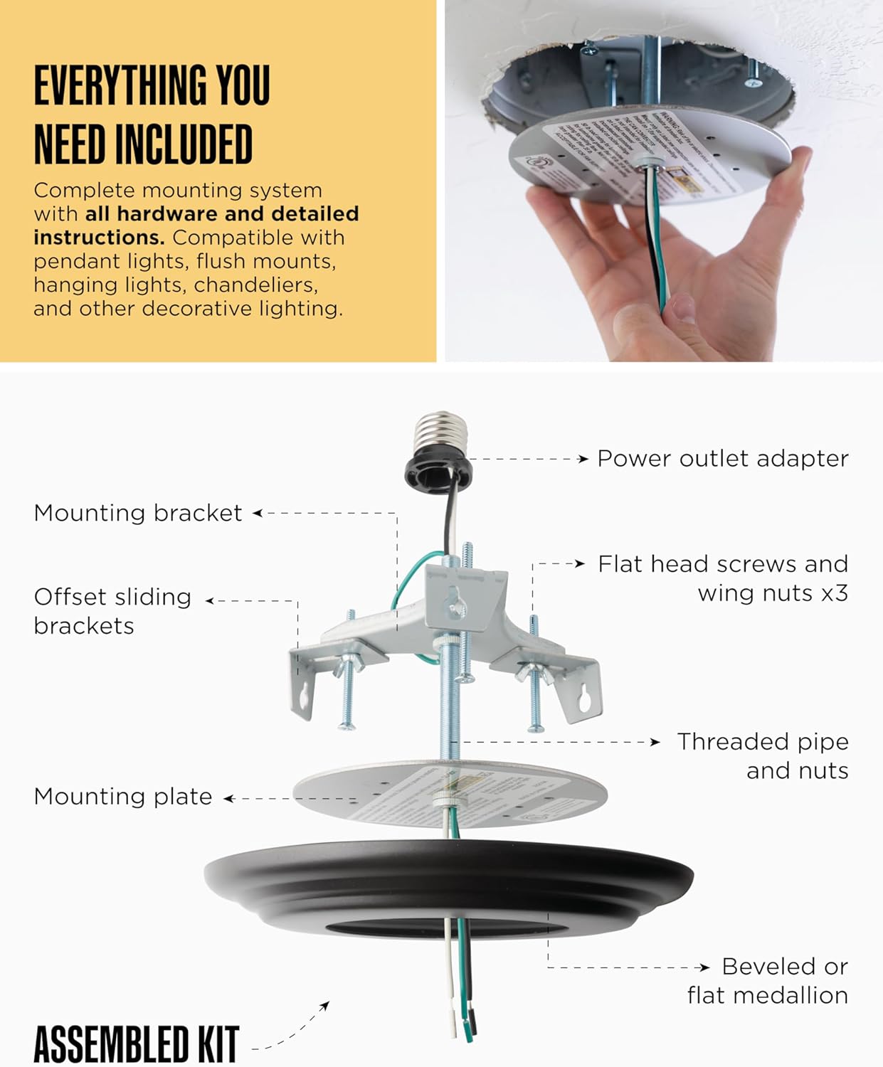 The Can Converter R56 Recessed Can Light Conversion Kit w/ 7"¾ Flat & Beveled Ceiling Medallion - Home Improvement for 5" & 6" Cans, Fan & Light Fixture Converter Kit, UL Certified, Matte Black