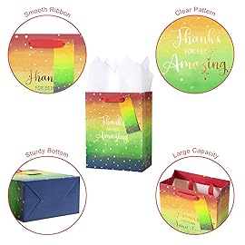 Loveinside Medium Size Gift Bags, Employee Appreciation Thanks Pattern Gift Bag with Tissue Paper for Shopping, Parties, Wedding, Baby Shower, Craft-4 Pack, 7 X 4 X 9
