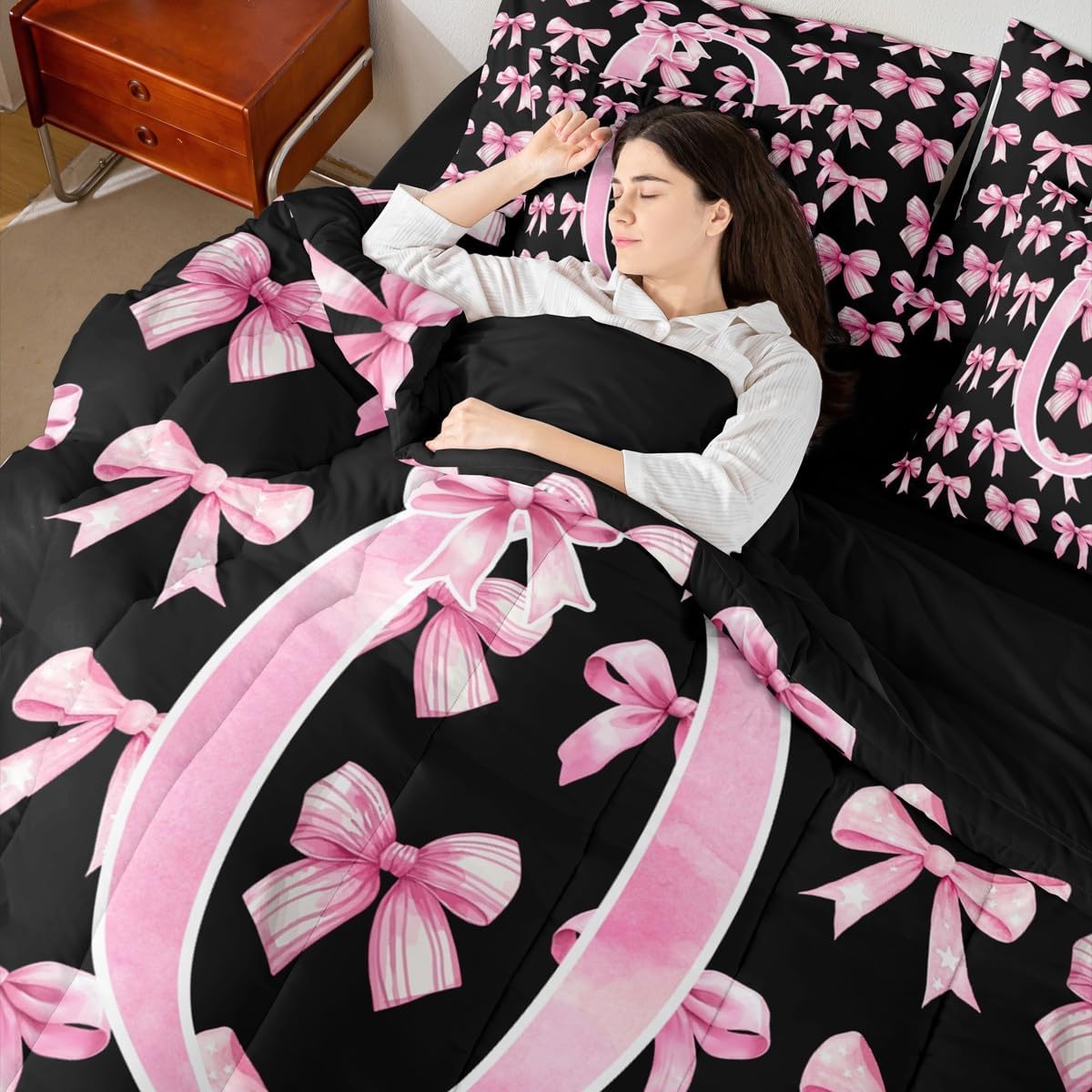 Pink and Black Bow 7 Piece Bedding Set Twin Size 3D Coquette Initial O Bed in a Bag for Kids Teens Girls Princess Preppy Bowknot Comforter Set with Sheets Watercolor Aesthetic Duvet Insert(O) - Image 5