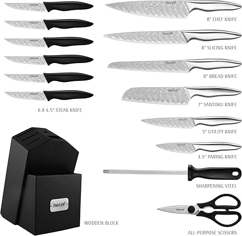 Miniatura 2 de hecef Juego de cuchillos de cocina de 15 piezas con bloque de madera, hoja de acero inoxidable con mango patentado, juego de cuchillos de cocina