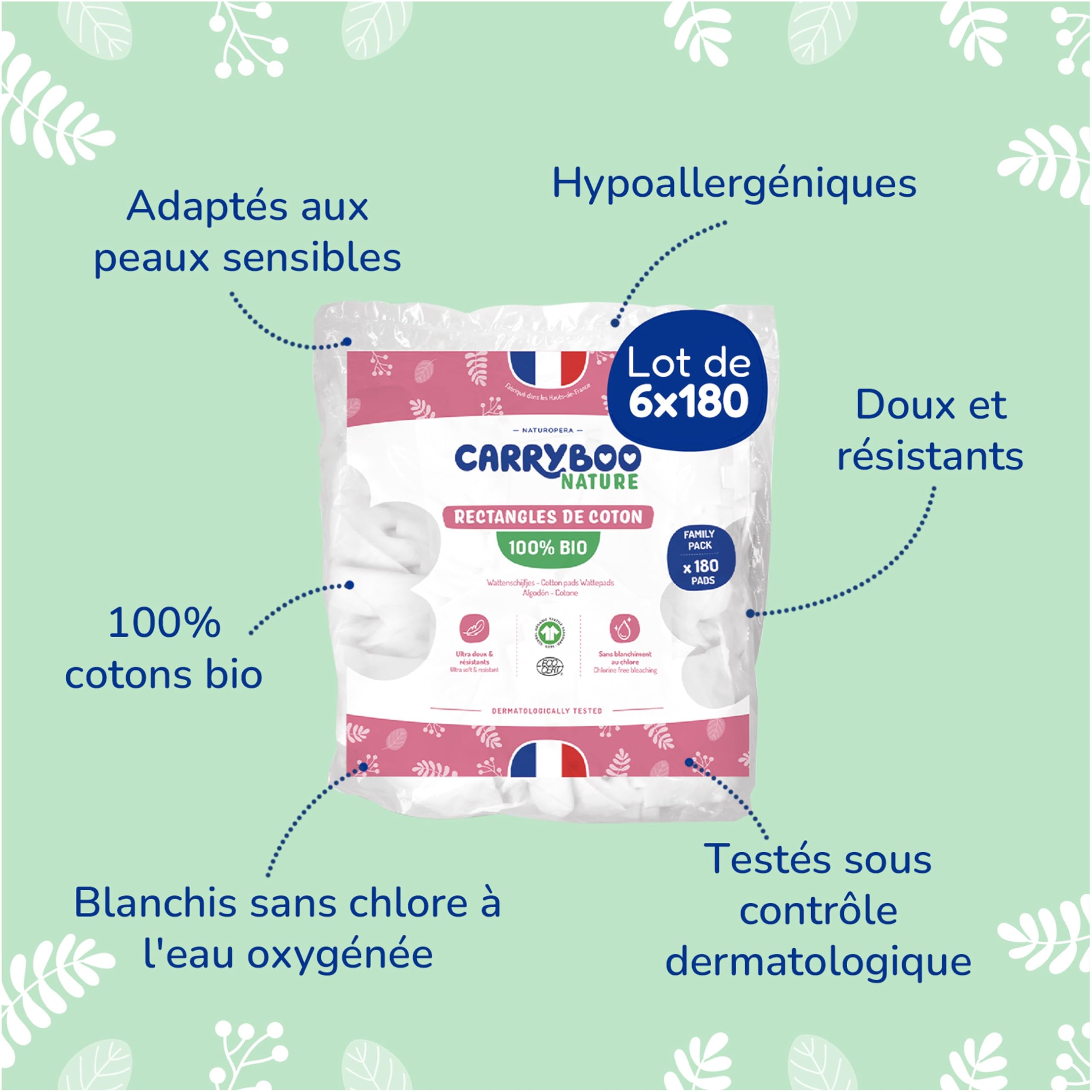 CARRYBOO - Cuadrados de algodón para bebé, 100% orgánico, pieles normales y sensibles, juego de 6 unidades, ultra suaves y resistentes, hipoalergénicas, blanqueadas sin cloro, para toda la familia
