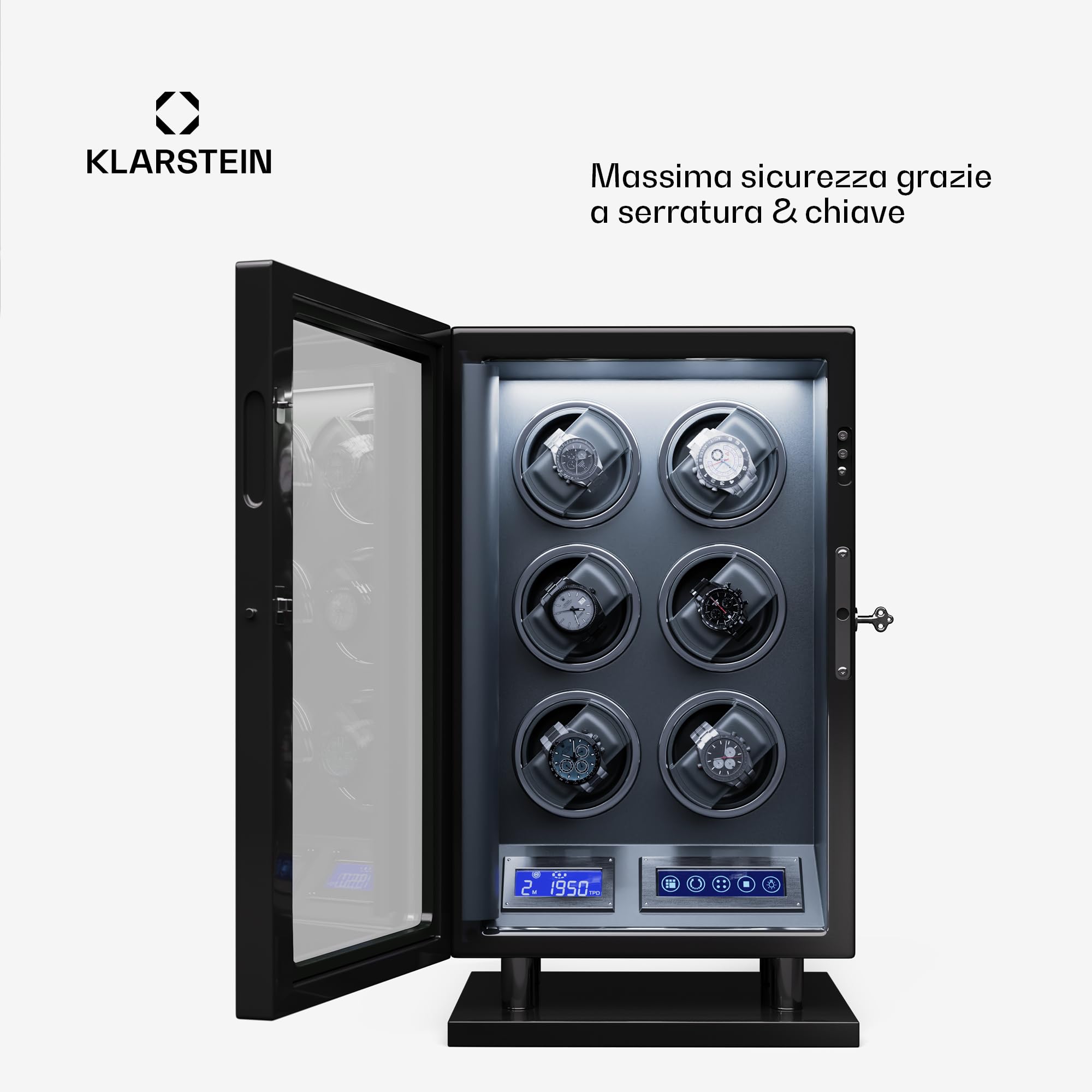 KLARSTEIN - Caricatore Rotante per 6 Orologi Automatici, sportello in Acrilico, LED Blu, 5 impostazioni TPD, Carica Orologi Automatico con mantenitore di Carica