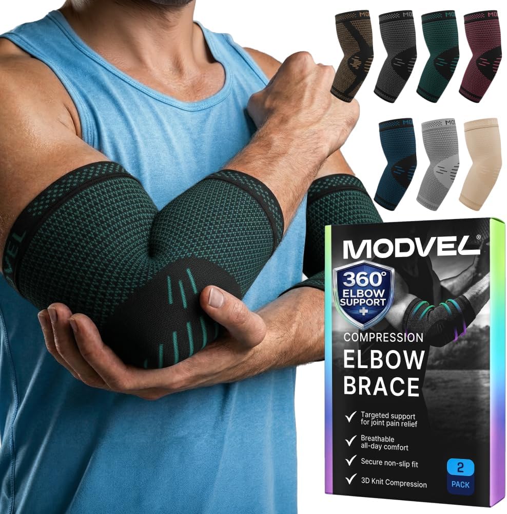 Modvel 2 Pack Elbow Brace for Tendonitis and Tennis Elbow Brace for Women and Men, Elbow Compression Sleeve for Pain Relief and Recovery – Elbow Sleeves Weightlifting Men, Sports & Workout, Arm Brace