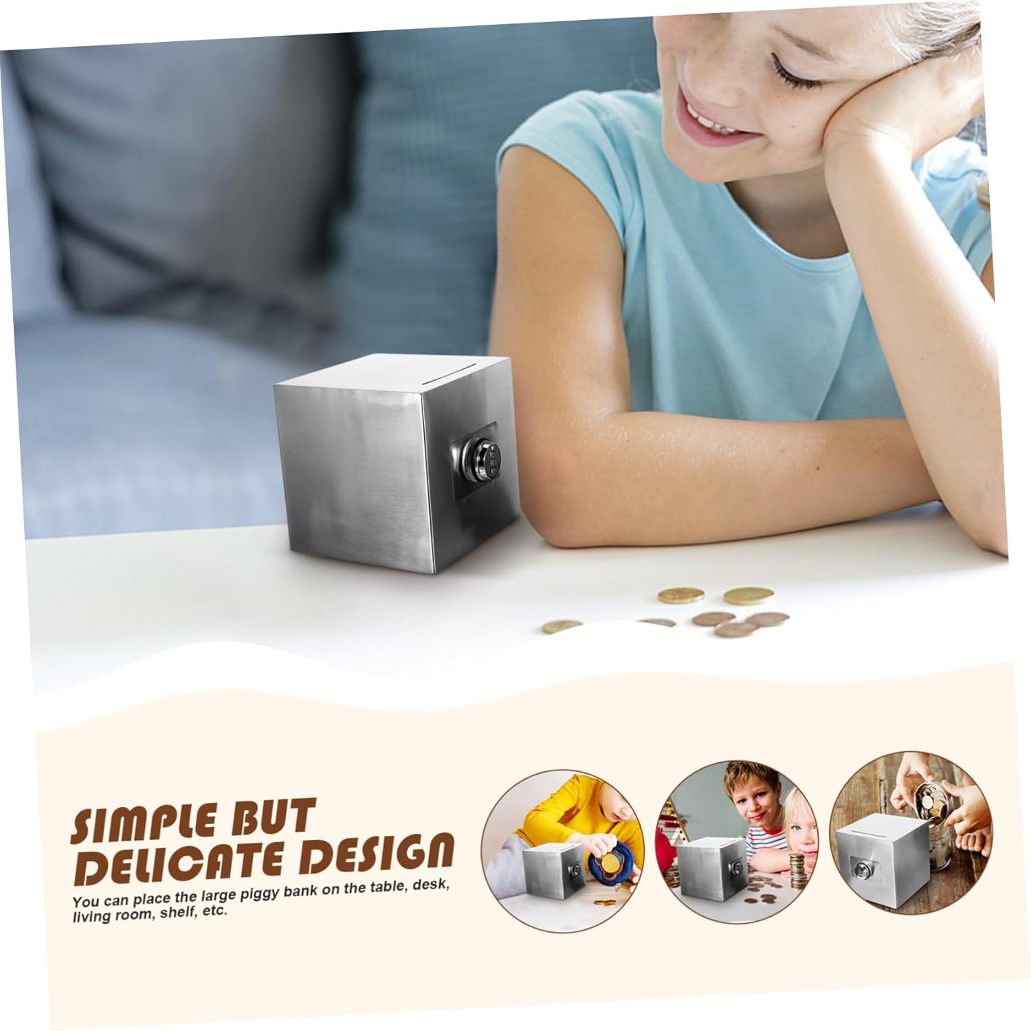 Unomor Lockable Piggy Bank for Boys and Girls Boys and Girls Savings Box Safe Decorative Stainless Steel Money Bank