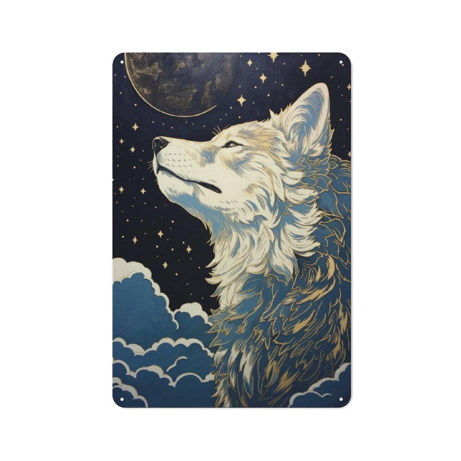 Junmoney Wolf In Moonlight Tin Wall Plaque 30X20cm With For Studio Or Craft Room, For Cooler-Season Styling In Studio And Craft Room