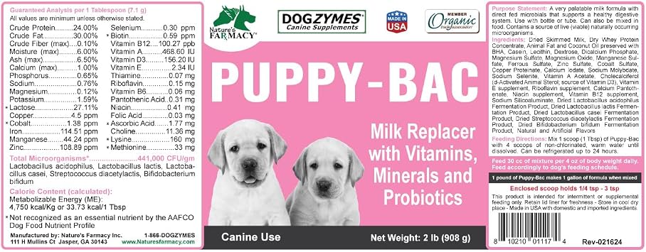 Dogzymes Puppy-Bac Milk Replacer formulated with The Proper ratios of Protein, Fat and nutrients for Growing Puppies (8 Ounce)