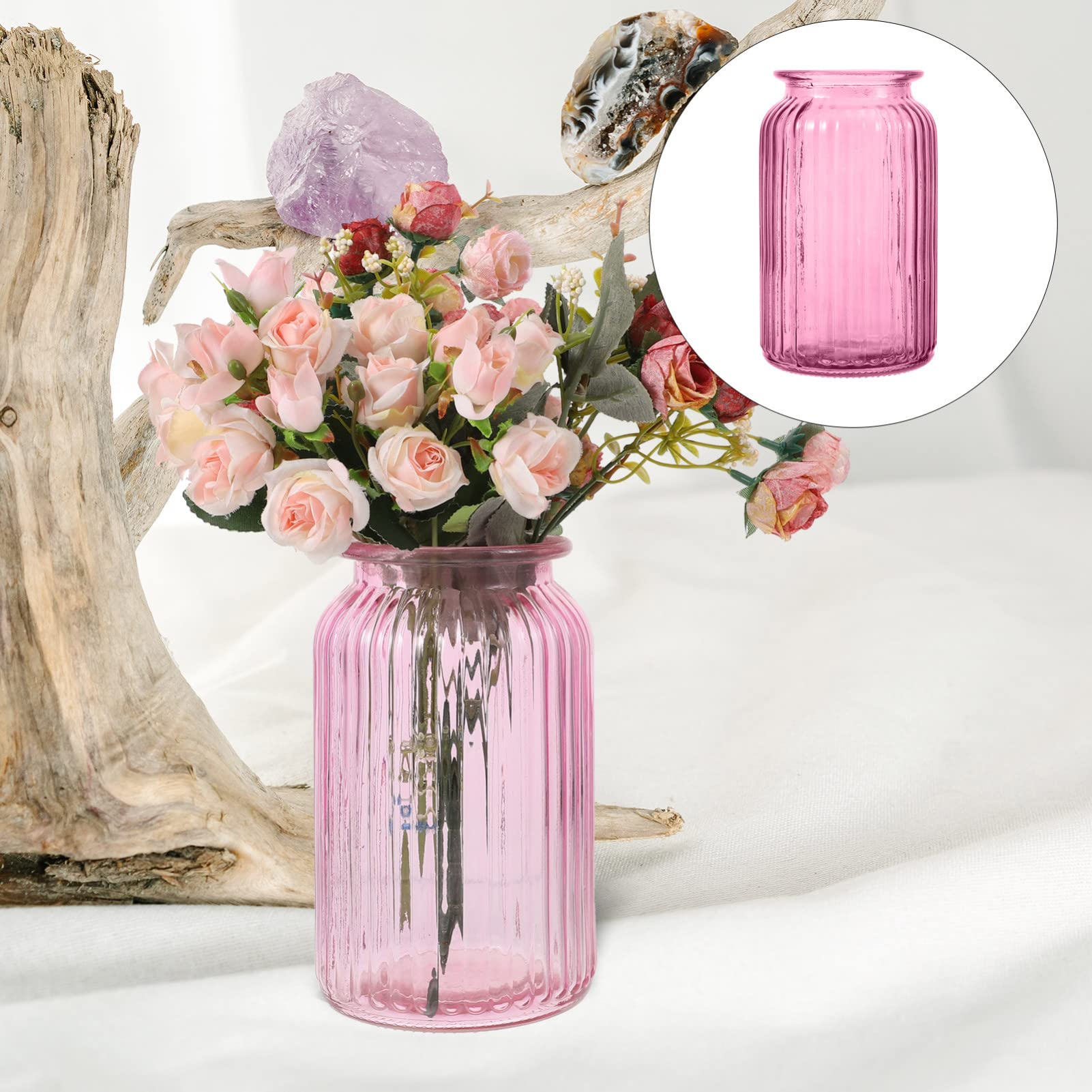 Ciieeo Colored Glass Vase 7.09 Inch Simple Style Flower Arrangement Container for Hydroponic Plants Home Office Bedroom Decor Pink Floral Container - Image 4
