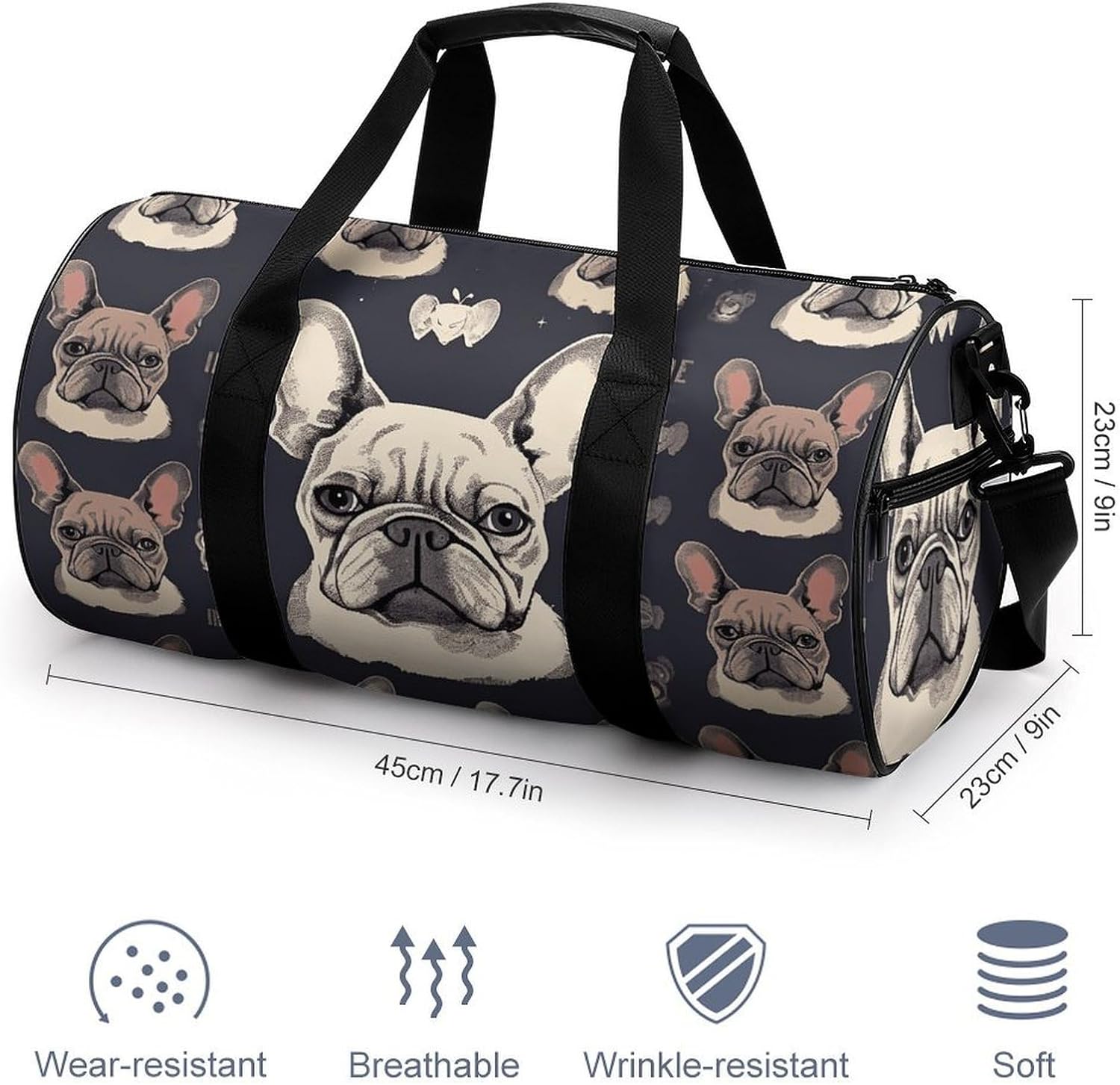 I Love French Bulldog Gym Bag Hand-held Fitness Bags Cylindrical Fitness Bag with Shoe Large Compartment Duffle Bags for Travel Sports Unisex image 2