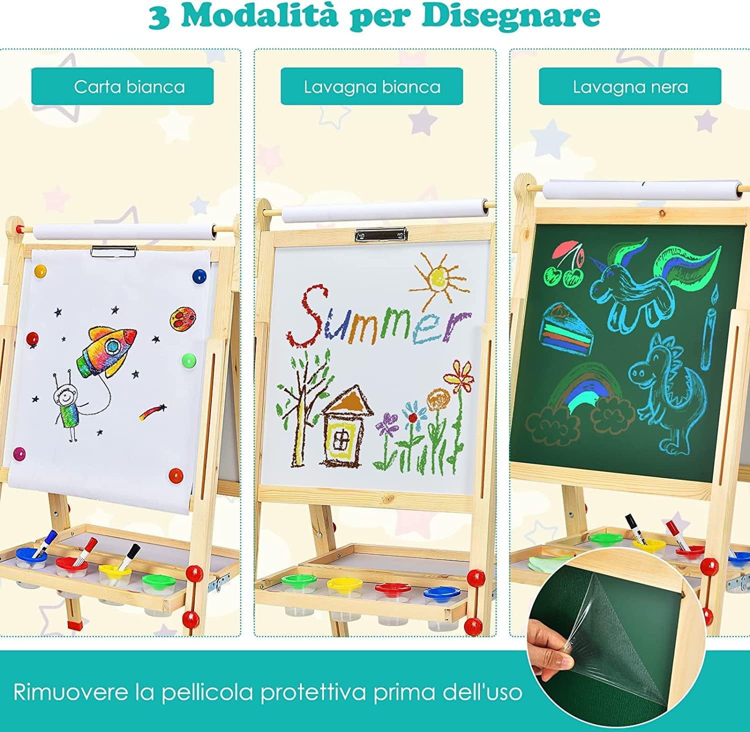 RELAX4LIFE 3 in 1 Lavagna Magnetica per Bambini, Cavalletto per Dipingere Pieghevole, Portatile/Altezza Regolabile 85-147 cm, Giocattolo Educativi 3+ Anni, in Legno di Pino, Accessori Completi