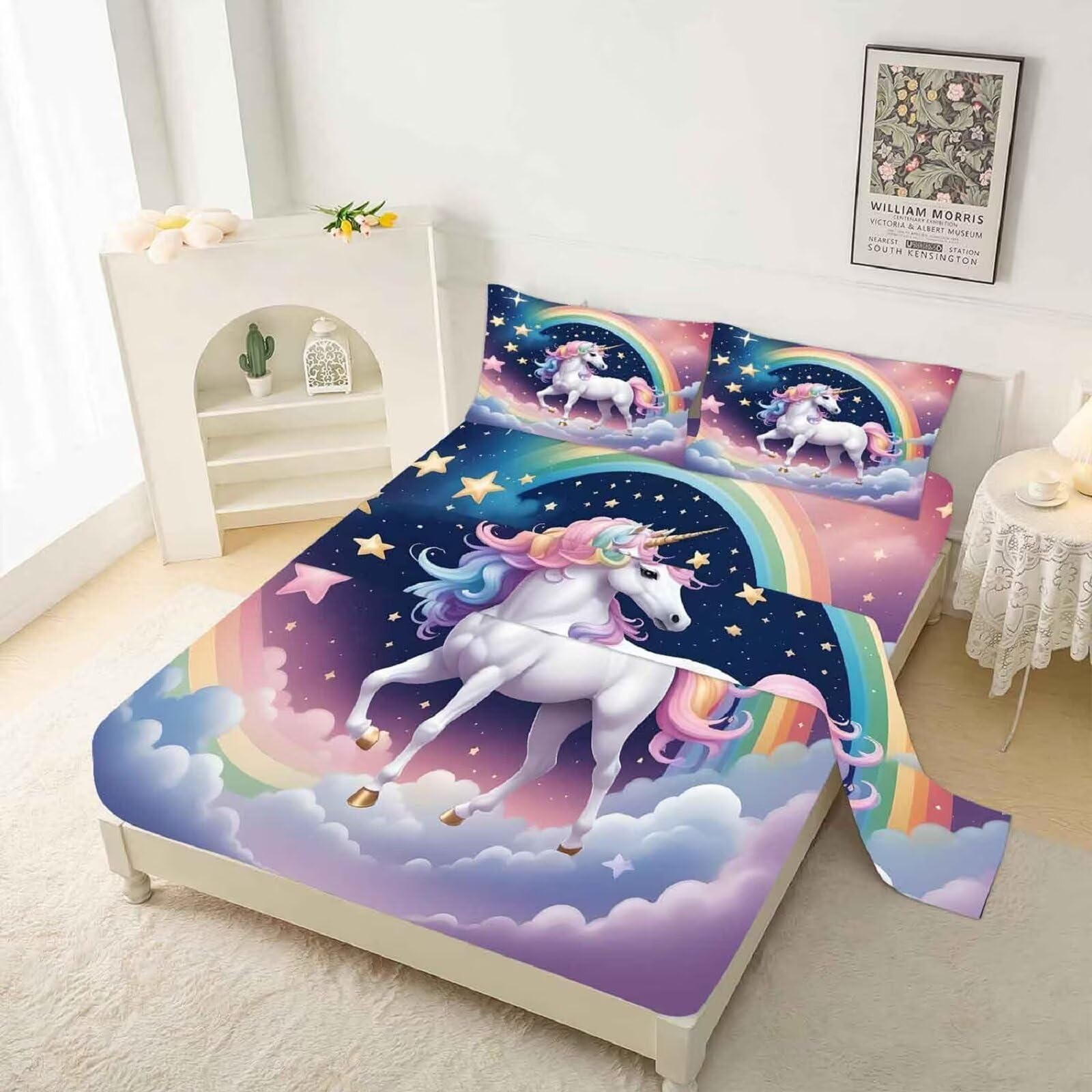 kxry Unicorn Galaxy Fitted Sheet Sets Full and Queen Size for Boys Kids Teens Cartoon Blue Sky Rainbow Star Cloud Bedding Set with 1 Fitted Sheet + 1 Flat Sheet + 2 Pillow Cases