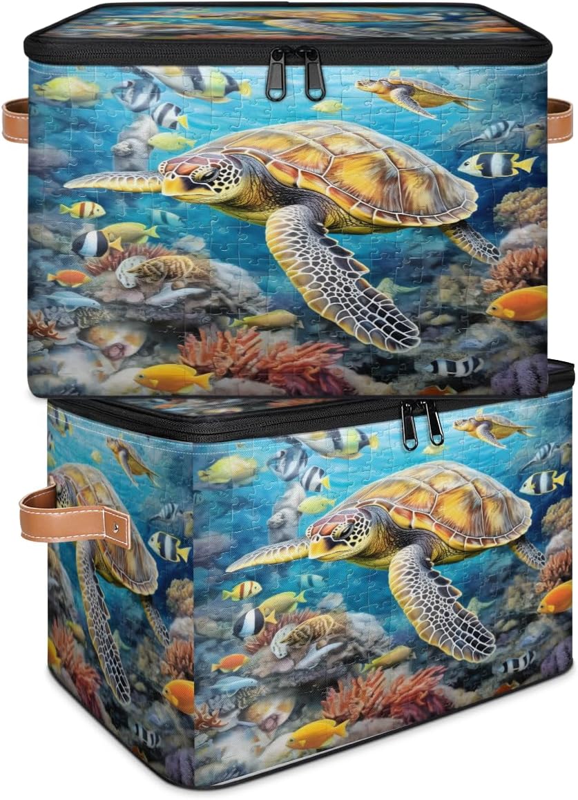 Storage Bin Set of 2 Turtle Tropical Fish Storage Basket with Zipper Lid & Handle Foldable Closet Shelf 2 Pack Cloth Organizer Basket Cube Bins Clothes Organizer for Bedroom, Nursery
