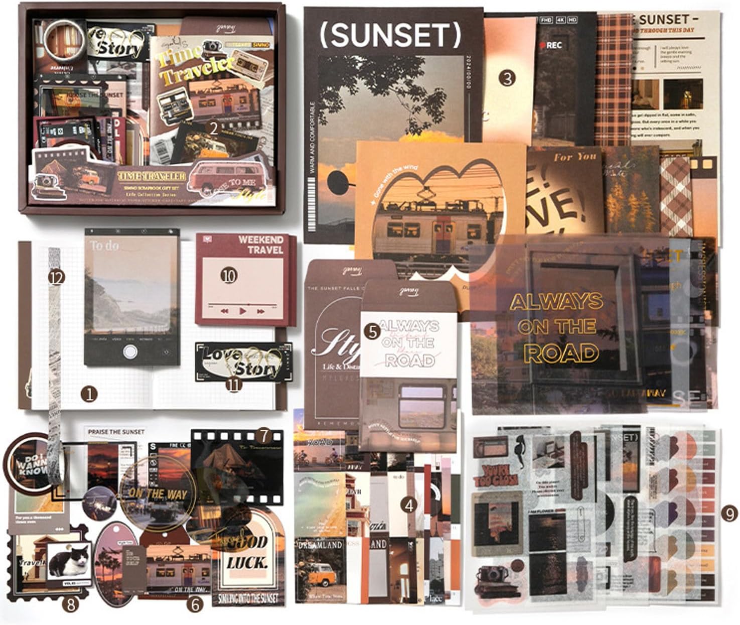 STAYOUNG Scrapbook Kit - Aesthetic Scrapbook Paper with Journaling, Scrapbooking Supplies, Stationery, A6 Grid Notebook with Graph Ruled Pages DIY Scrapbook for Adult Teen Girl Kid, Sunset (Brown)