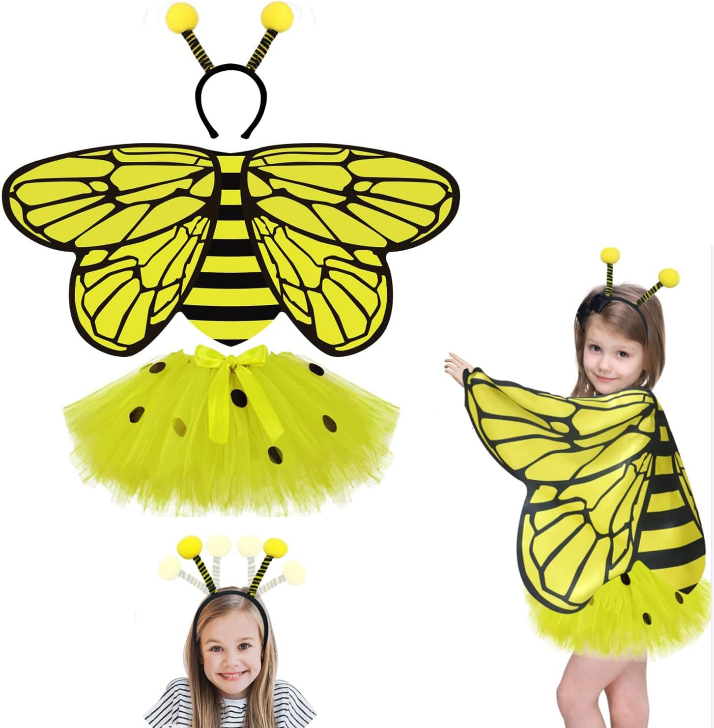 Azonee Girls Bee Costume with Tutu and Headband 3Pcs Fairy Wings Toddler Toys Dress Up for Play for Kids 3-9 Bug Party Supplies