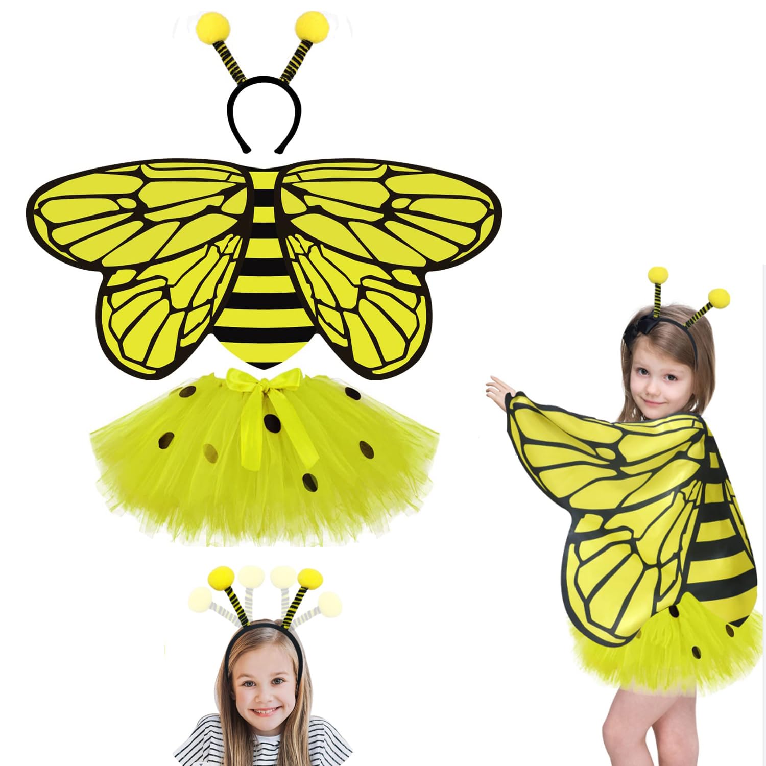 – Azonee Girls Bee Costume with Tutu and Headband 3Pcs Fairy Wings Toddler Toys Dress Up for Play for Kids 3-9 Bug Party Supplies