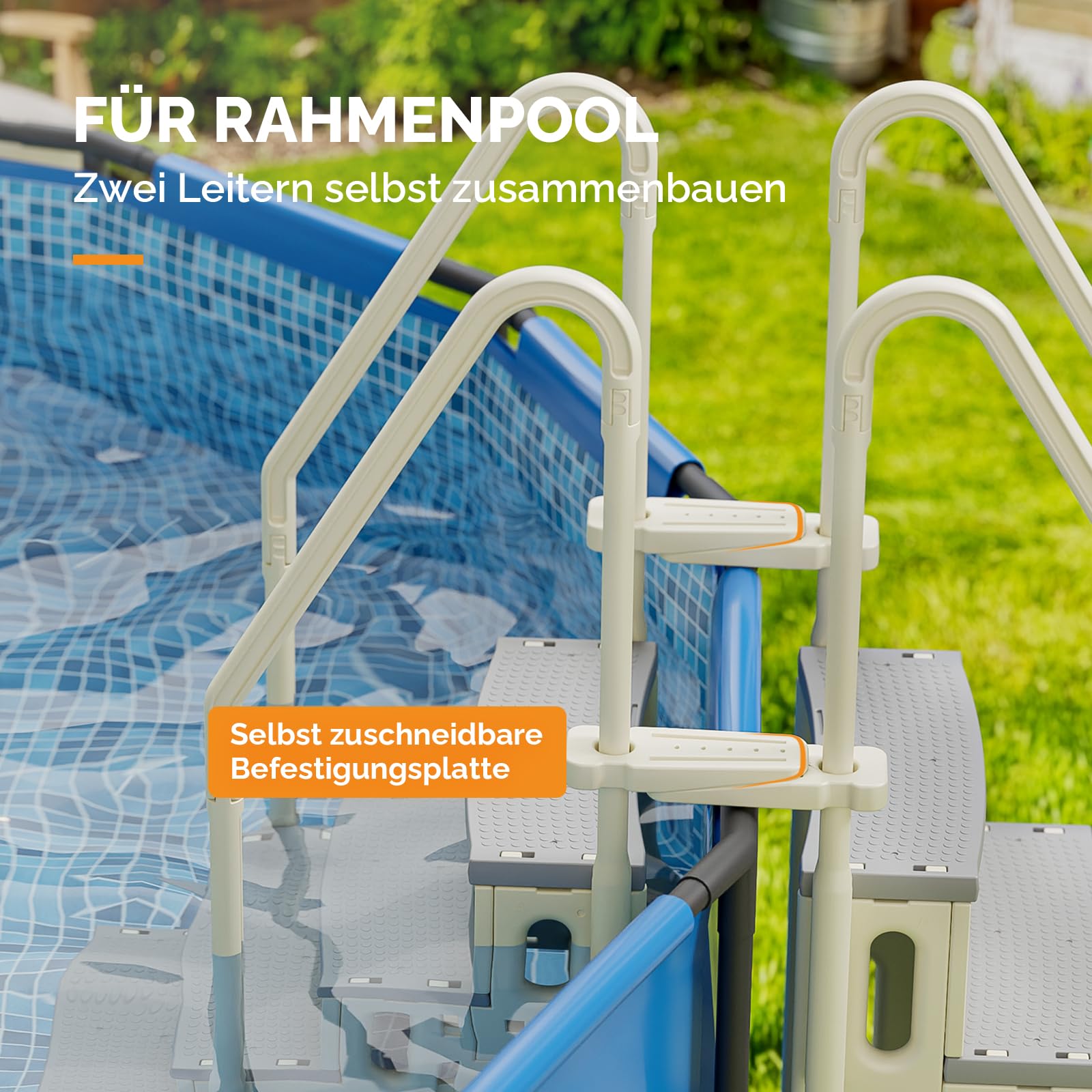 Bonnlo Escalera de piscina de plástico con tiras antideslizantes y pasamanos (blanco y gris, 4)