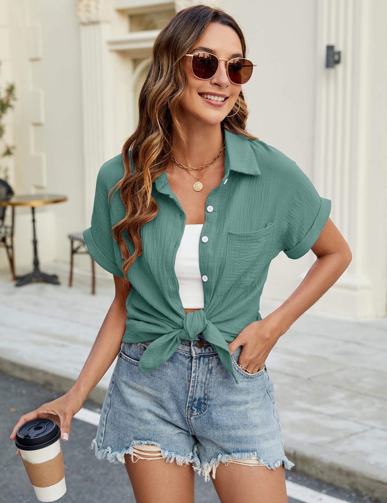Chemisier pour Femme Chemise Élégante à Manches Courtes avec Col en V Chic Chemise Boutons en Coton Lâches Hauts Décontractés de T-Shirt Blouses