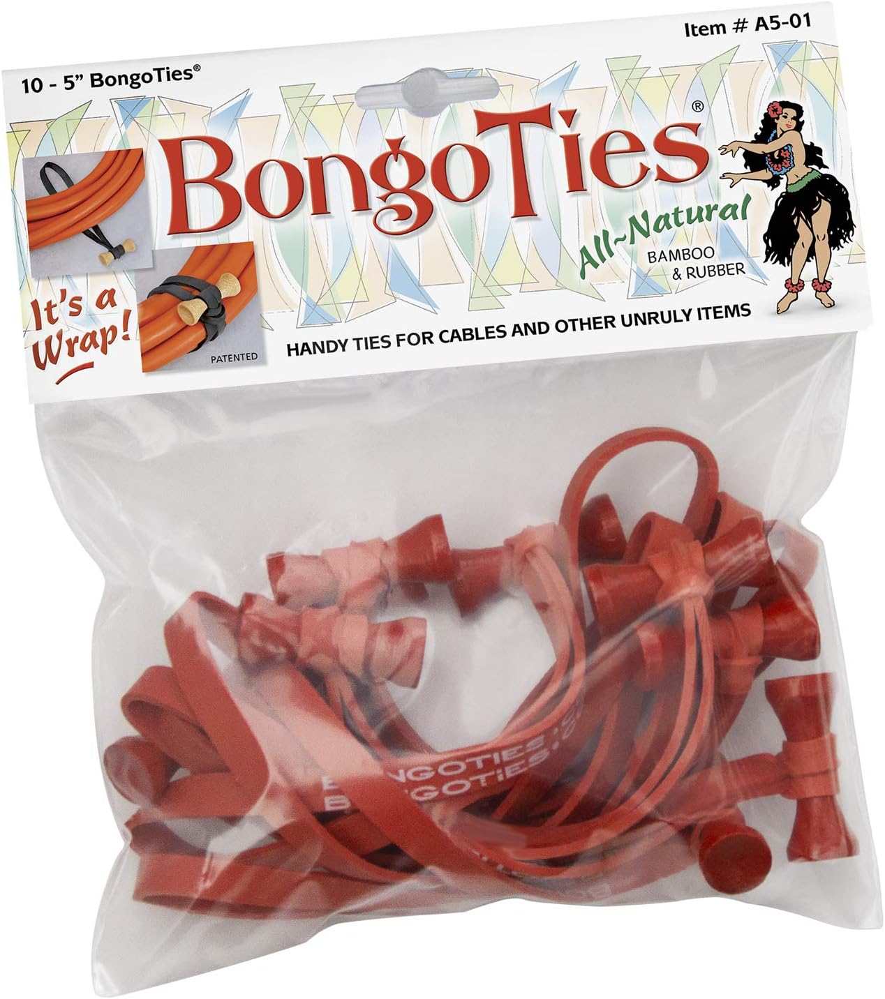 ALL RED Bongo Ties A5-01-R - 10 Pack ~ Professional cable ties made of natural rubber and bamboo ~ HANDY TIES FOR CABLES AND OTHER UNRULY ITEMS