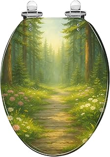 Elongated Toilet Seat Forest Tree Wood Green Pine Trees Wildflowers Woodland Mist Sunlight Resin Toilet Seat Quietly Close Quick Release Hinges with Cover Bumpers Decorative Easy to Install Clean