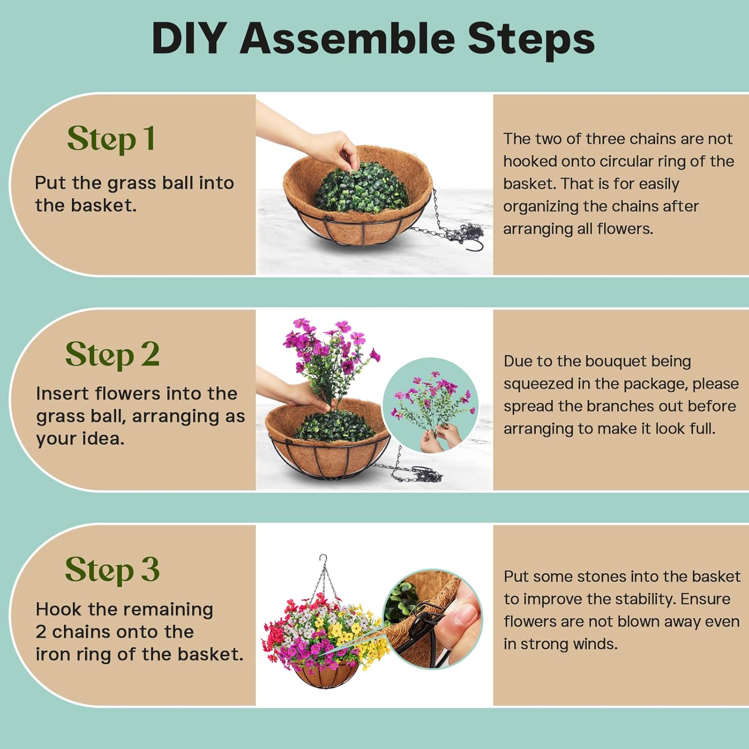 2 Set Outdoor Artificial Hanging Baskets, 32 Pcs Artificial Flowers Hanging Planters for Spring Summer Front Porch Patio Yard Garden Home Decor (Purple, Yellow, Hot Pink, Creamy White) - Image 4