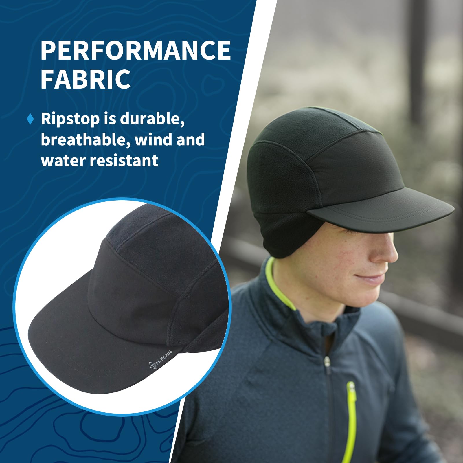 TrailHeads Gorro de invierno para hombre con visera, gorro de forro polar para hombre, sombreros cálidos para hombre, gorro negro, para correr, golf de invierno
