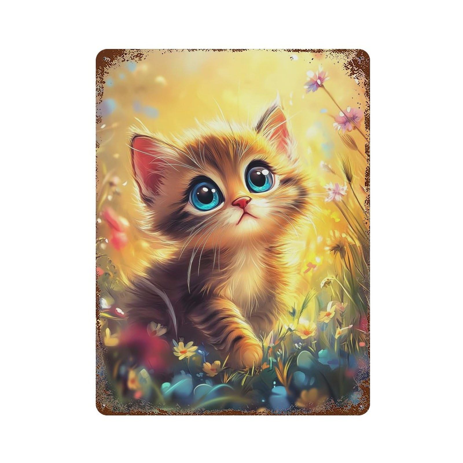 Vintage Rust Metal Sign with Kitten in A Meadow Design 15.7"x11.8", for Shed, Workshop And Garage Wall Decor, Retro Wall Decor