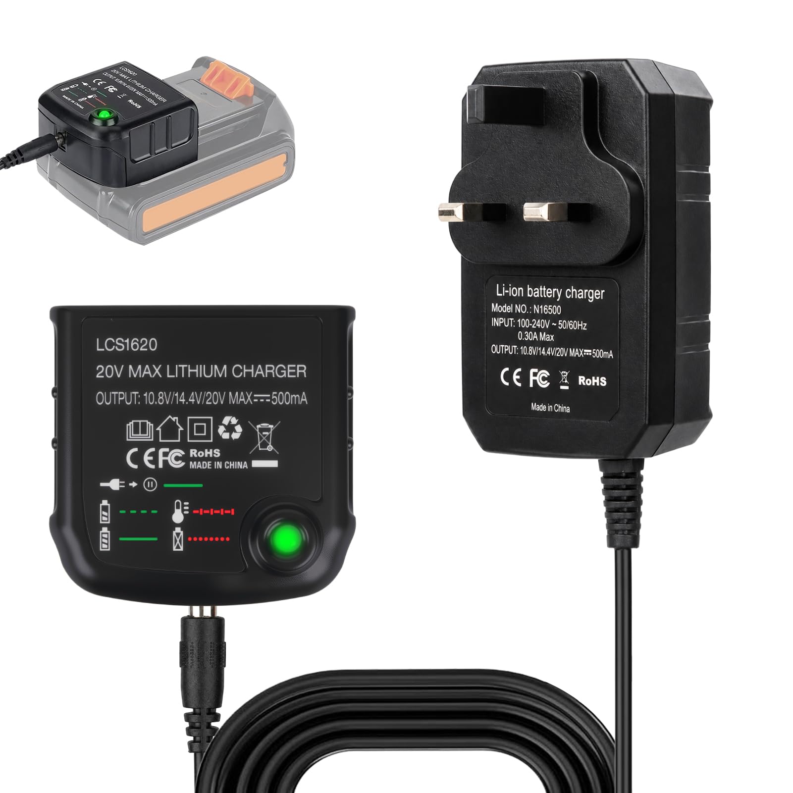 18V Lithium Ion Battery Charger, LCS1620 Replacement Charger Compatible with Black and Decker LBXR20 LB20 LBX20 LBX4020 LB2X4020 LED Indicator, Compact Cordless Drill Power Tool Adapter