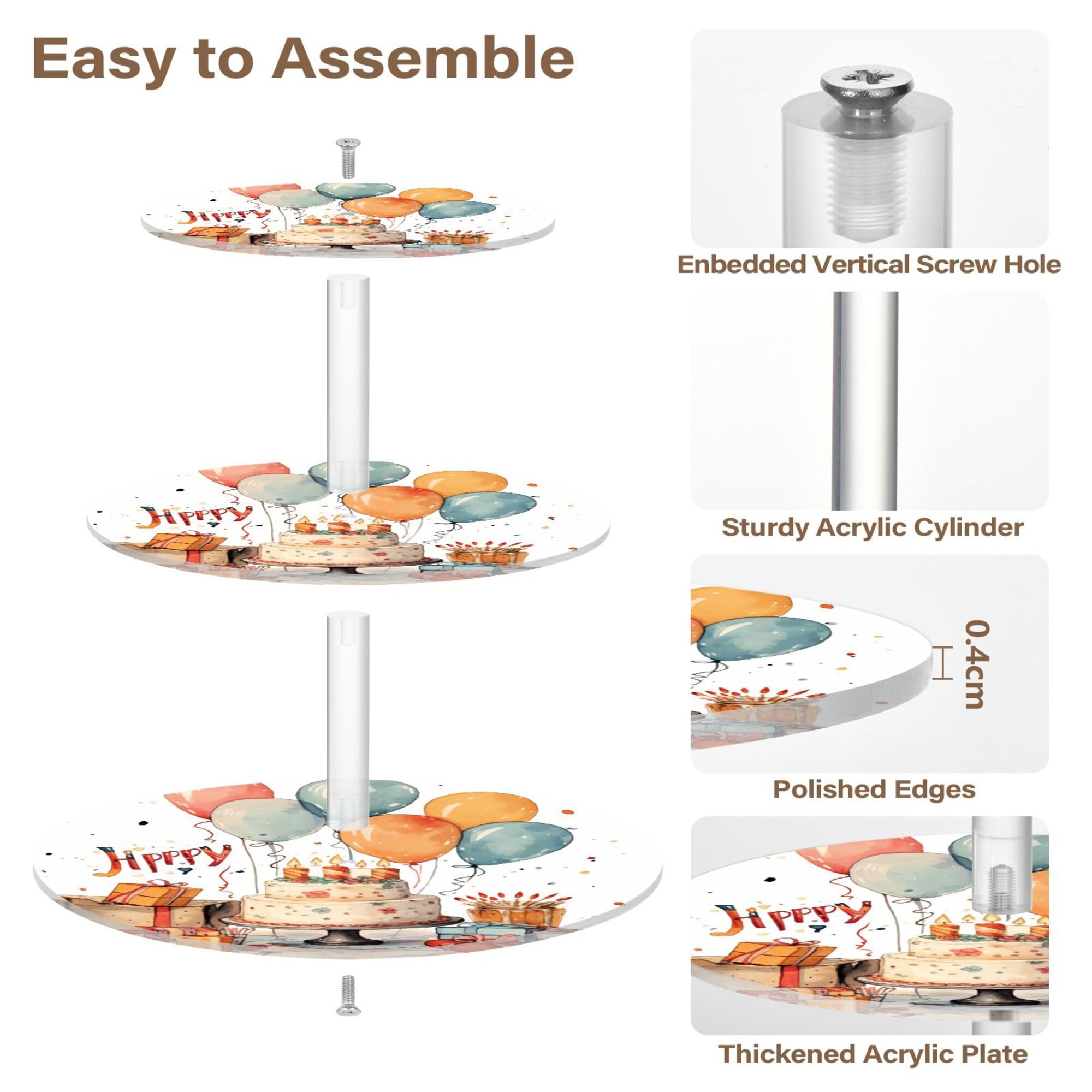 PYBUG Happy Birthday 3 Tier Acrylic Cupcake Stands Tower,Dessert Table Display Set for Tea Party,Wedding,Birthday, Baby Shower
