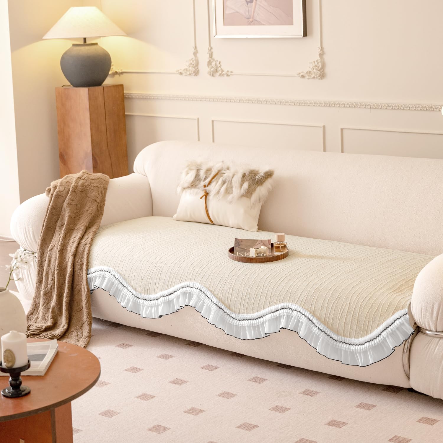HOKIPO 'French Lace & Luxe' Anti-Slip Sofa Cover Mat for 2 Seater Sofa | Stylish Curved Lace Design, Moonstone Beige (AR-6131-BGE*1)-image-30