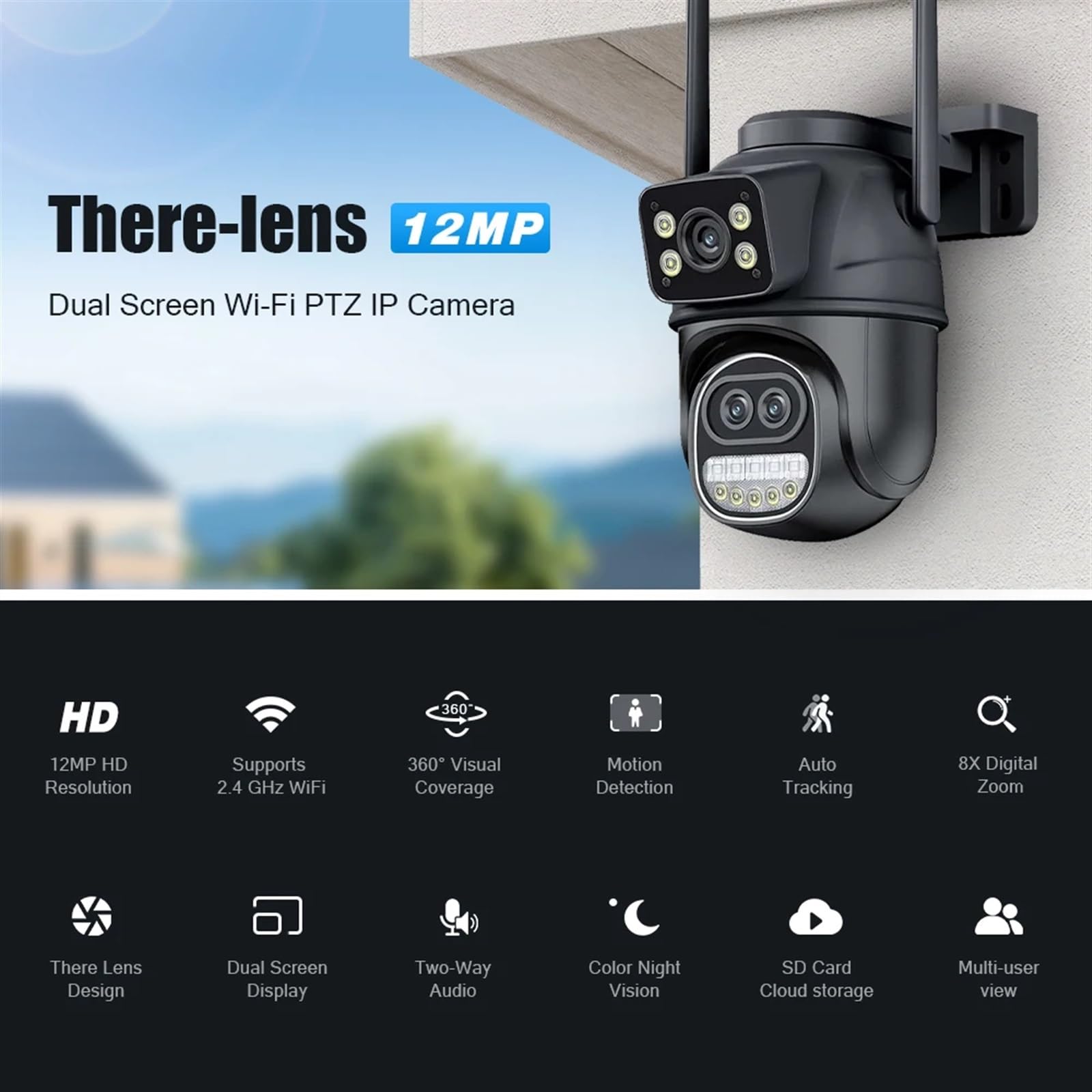 Kamera bezpieczeństwa zewnętrzna, Kamera Wi-Fi 6MP na zewnątrz 12MP 8X Zoom trzy obiektywy podwójne ekrany kamera wideo CCTV automatyczne śledzenie ochrona bezpieczeństwa nadzór Kamera bezpieczeństwa