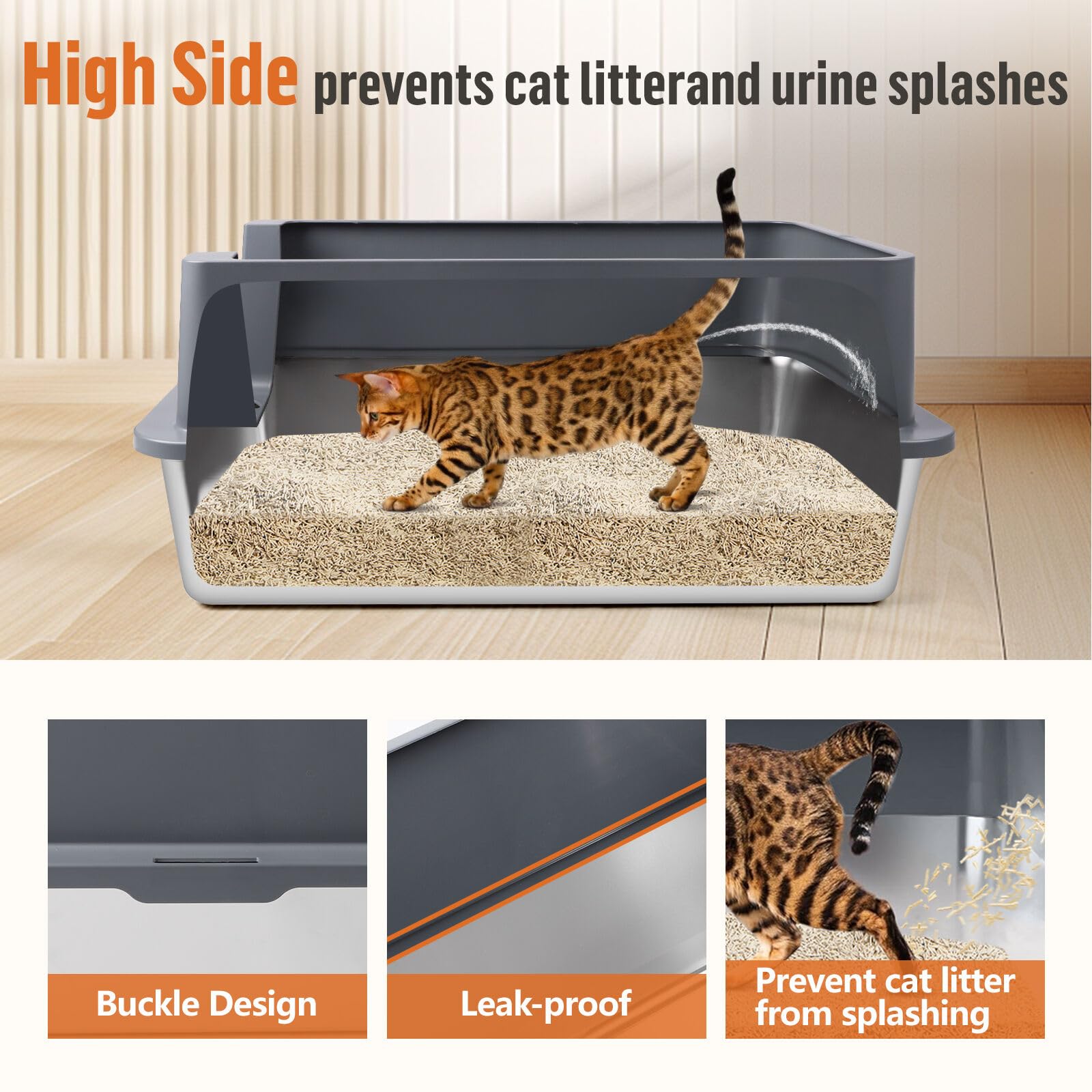 Katzenklo aus Edelstahl, XXXL Katzentoilette Metall mit hohem Rand und Schaufel, auslaufsicher, leicht zu reinigen, für große und mehrere Katzen (Dunkelgrau)
