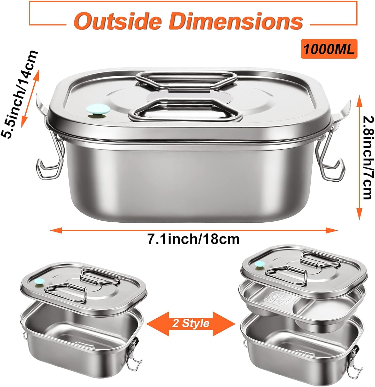 2 Pieces Metal Bento Box for Adults Metal Lunch Box Stainless Steel Bento Containers Leakproof Dual Tiers Lunch Container With Airtight Valve Handle Dishwasher Safe(Small)