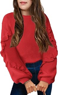 Niñas Jersey Manga de Linterna Niños Cálido Jerséis de Punto Holgado Cuello Redondo Invierno Suéter Manga Larga Jersey para Niñas 7-14 Años