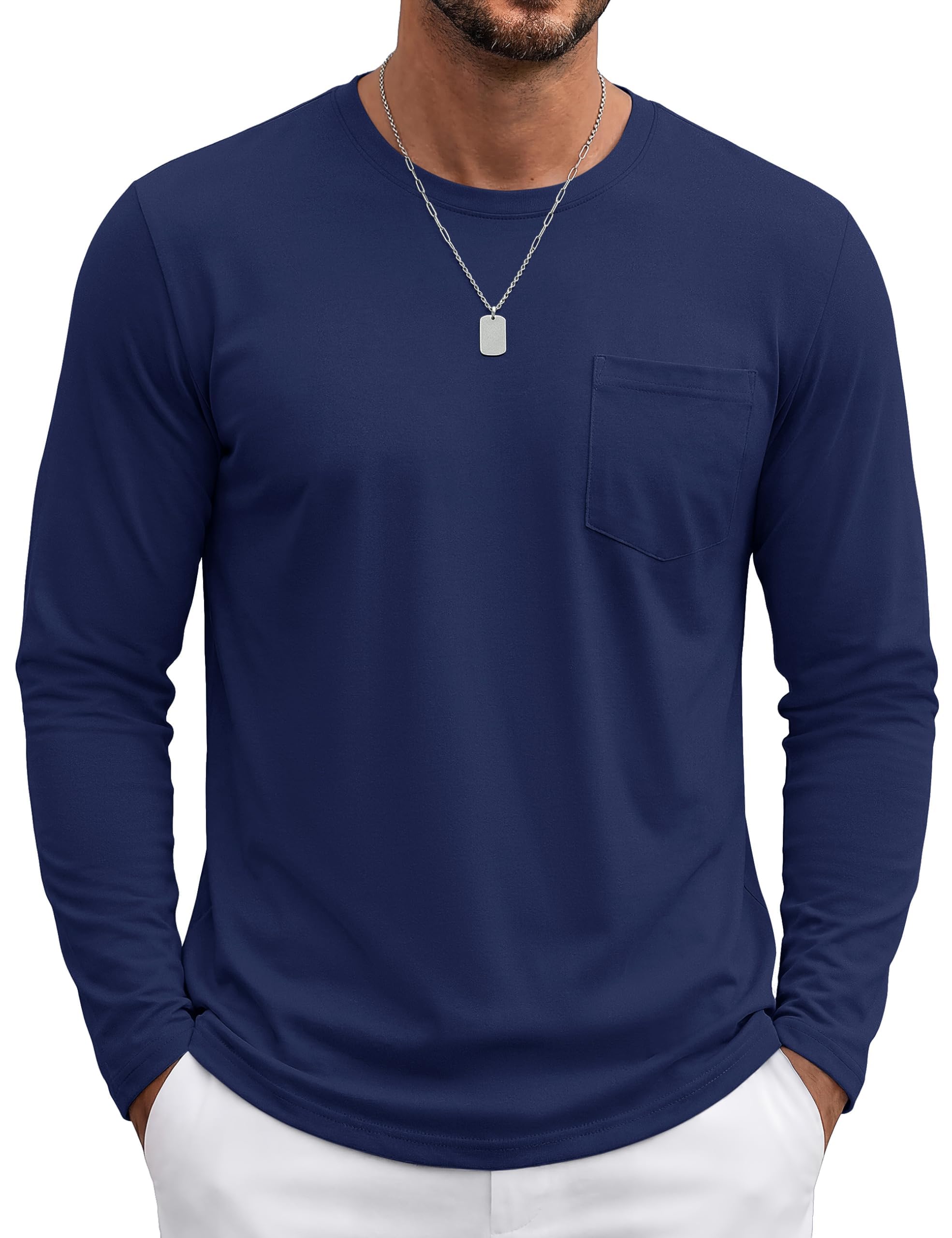 TACVASEN Herren Baumwolle Tshirt Rundhals Langarmshirt Einfarbige Work Sweatshirt Atmungsaktiv T Shirts Mit Brusttasche