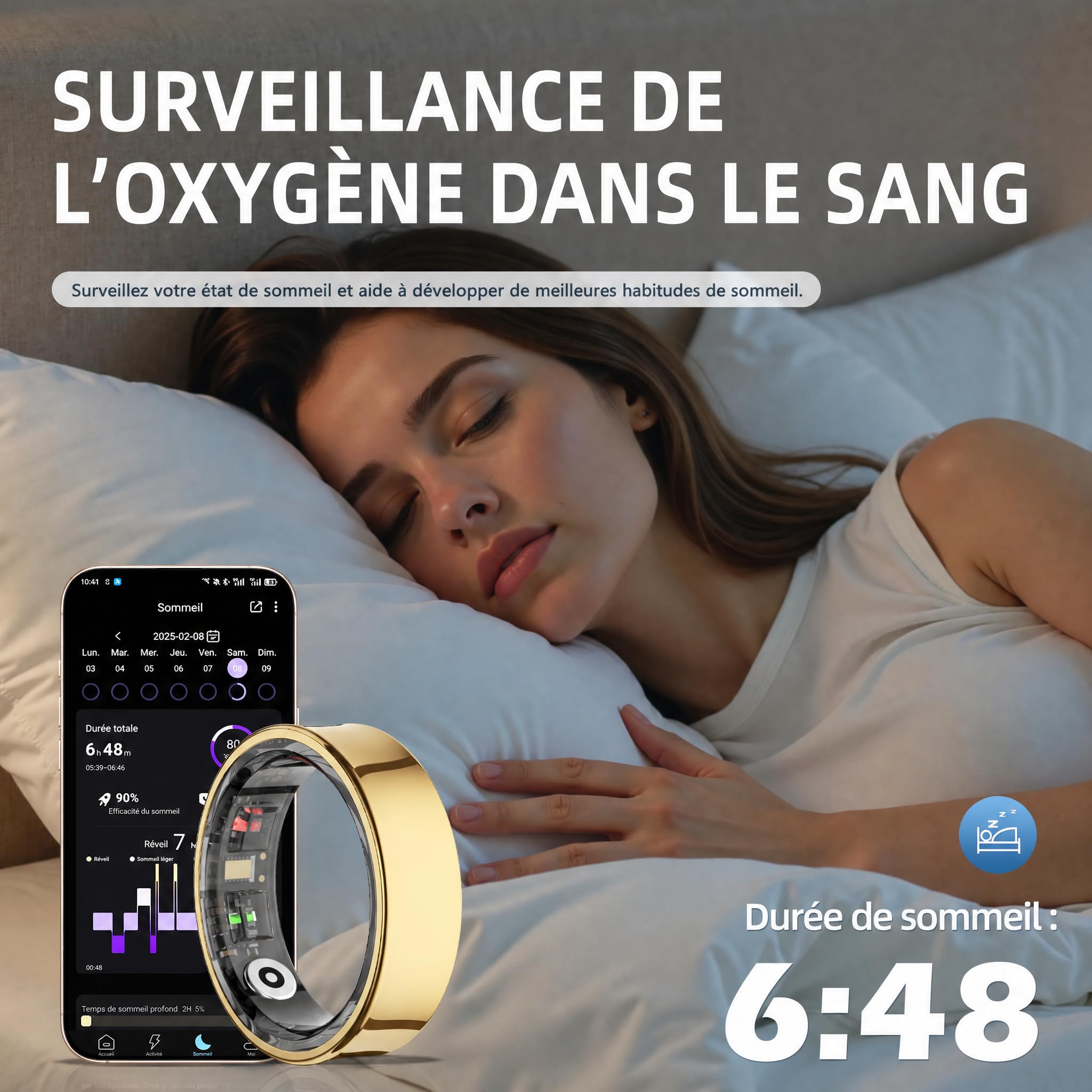 Bague connectée pour Homme et Femme – Capteur de Sommeil, Température Corporelle, Fréquence Cardiaque et Suivi Multi-Sports Étanche 5ATM, sans Abonnement(Or Élégant, 8)