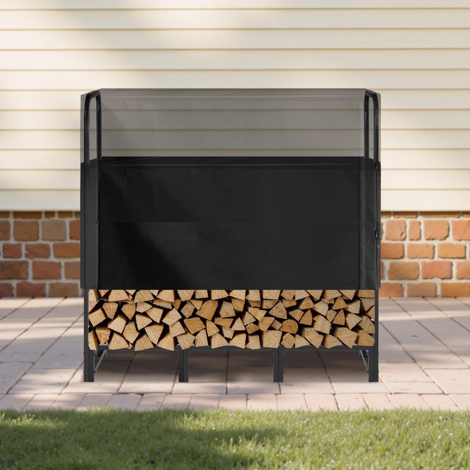 VEVOR Support à bois de chauffage avec housse imperméable, range-bûches extérieur en métal, 1220 x 320 x 1180 mm, charge maximale 181,4 kg, couverture partielle, thermolaqué, pour terrasse, vérandas