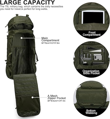 Miniatura 4 de Mardingtop mochila táctica militar de 75L con marco interno Molle, con cubierta para la lluvia, para campamentos, senderismo, viajes (Verde Ejército)