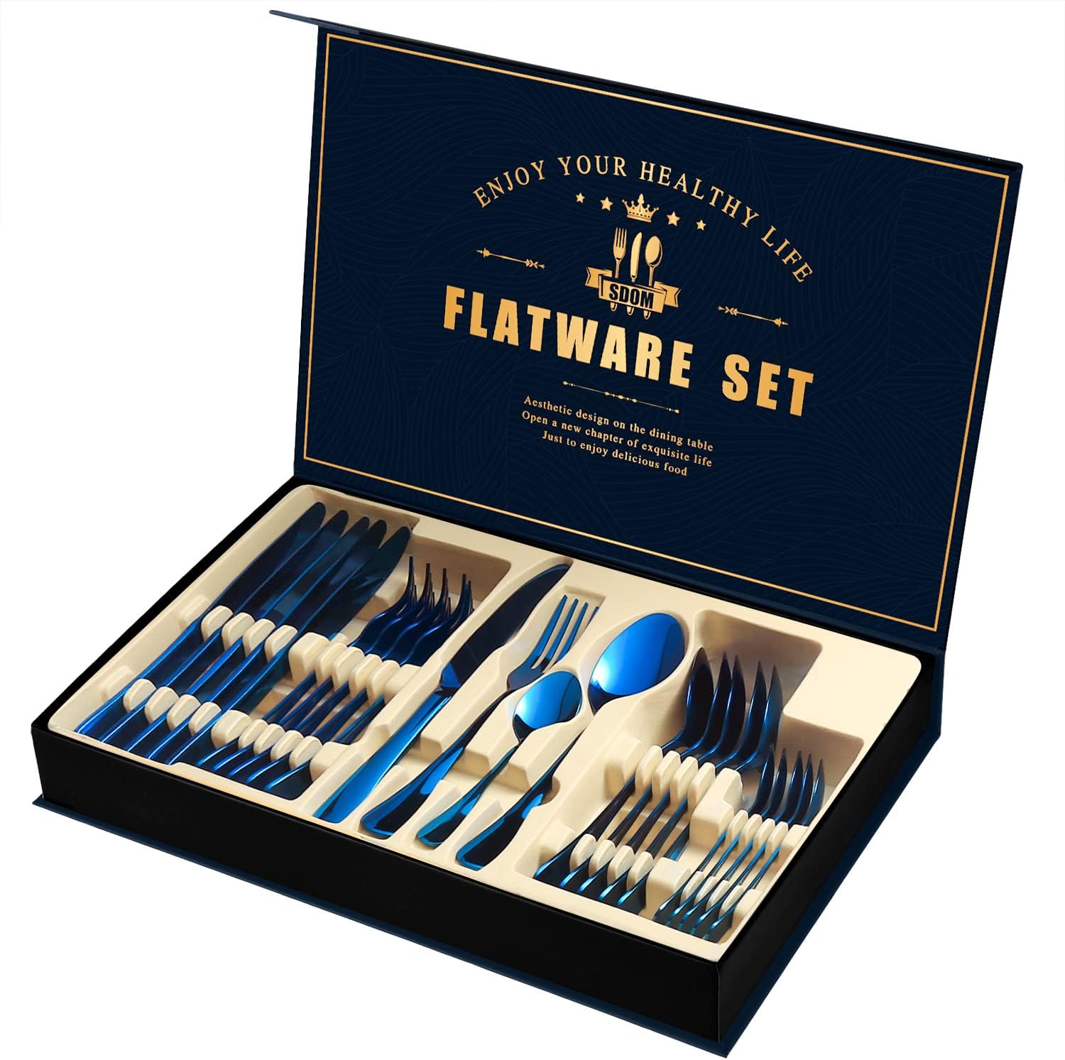 Blue Silverware Set, 24Piece Stainless Steel Flatware Service for 6