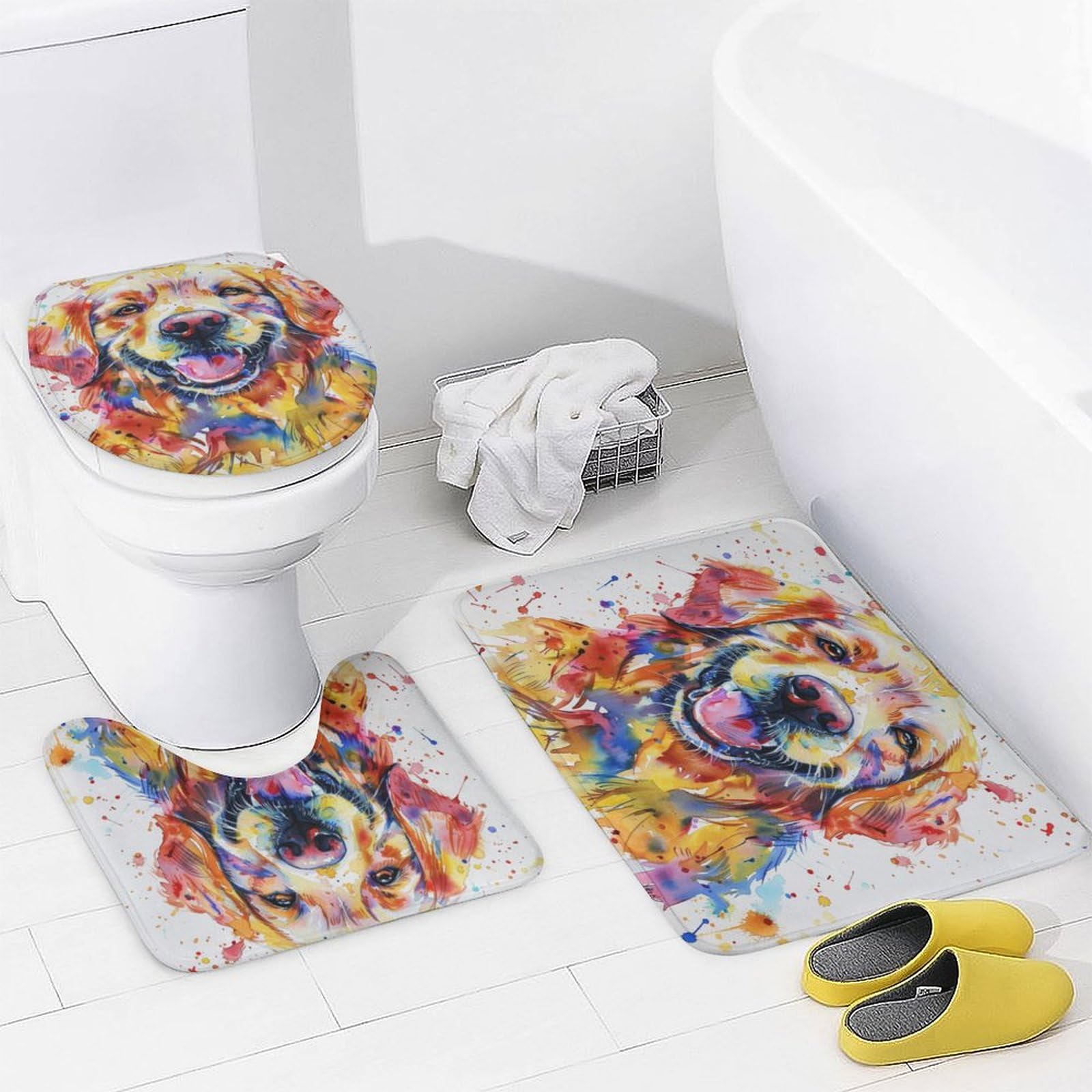 Set di 4 tende da doccia con motivo a cane e animale, con copriwater, tappetino a forma di U e tappetini antiscivolo, set di tende da doccia con simpatico Golden Retriever e acquerello, arredo bagno,