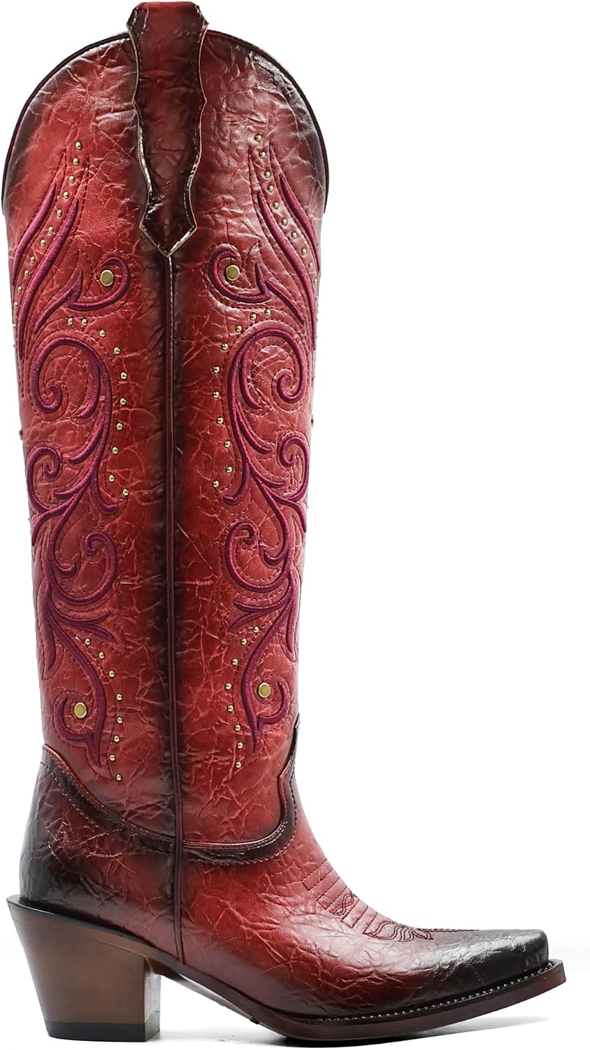 Knee High Womens Cowboy Boots Embroidered Pointed Toe Cowgirl Boots with Side Zipper Retro Western Chunky Heel Tall Boots