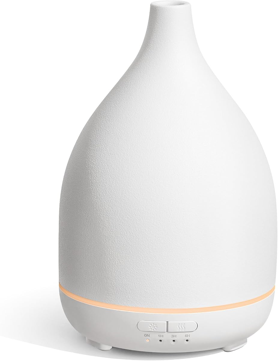 300ml Ceramic Essential Oil Diffuser, Diffusers for Home, White | Ceramic Stone Cover, Cool Mist Humidifier, Aromatherapy, 7 Colors Light, Up to 10hrs, Large Room, Ultrasonic, Quiet, Auto Off